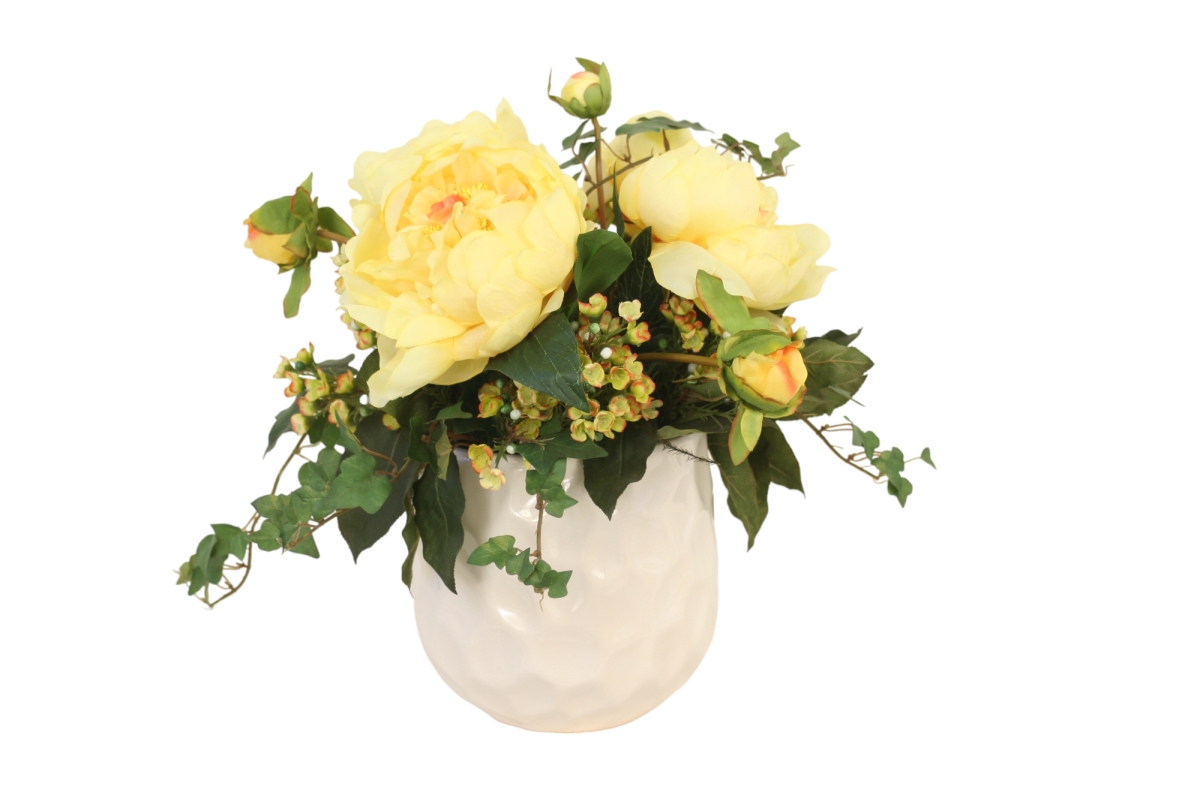 Distinctive Designs 30056 Luxury Artificial Decor Yellow Peonies with Wax Flowers & Ivy White Planter