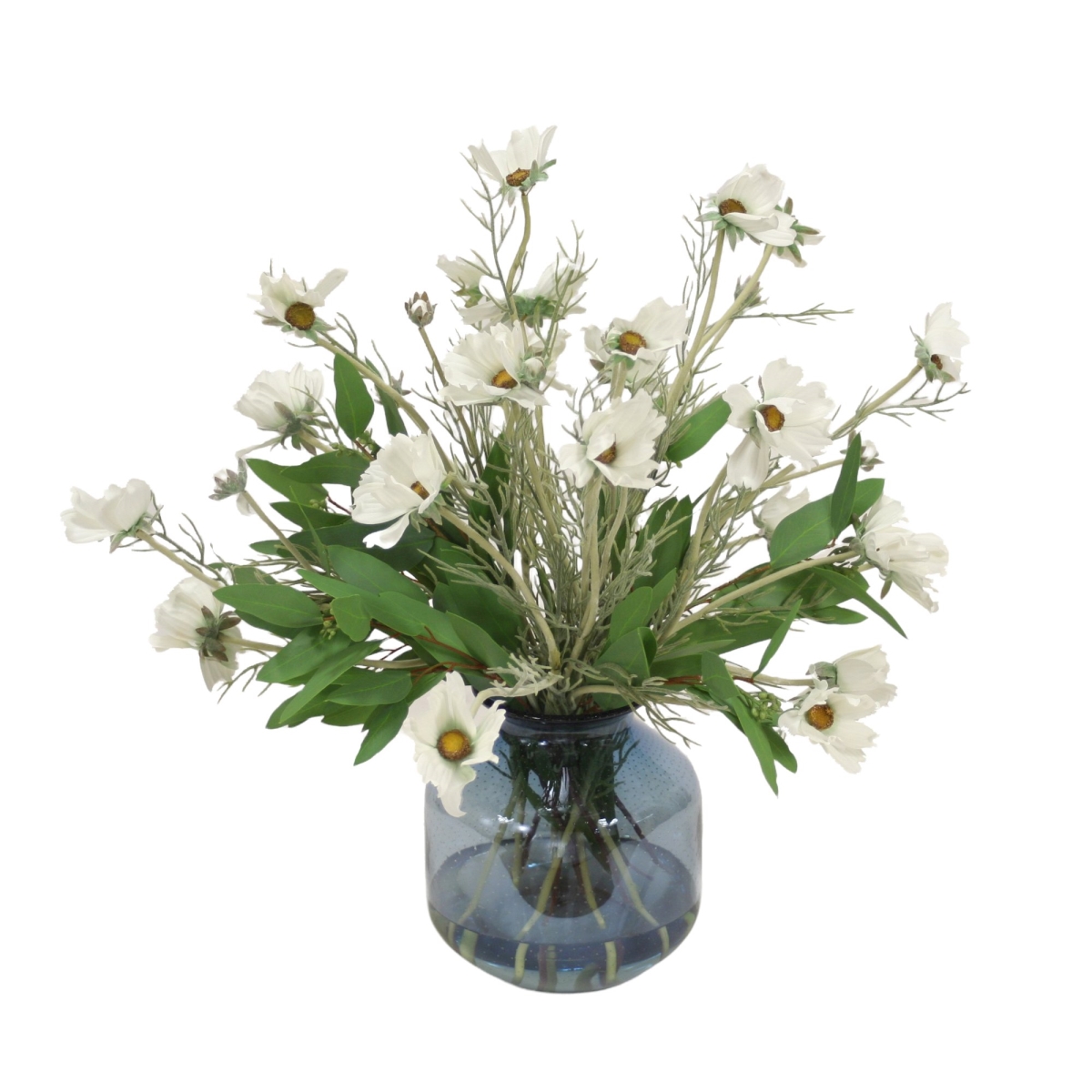Distinctive Designs 17254 White Cosmos with Eucalyptus in Blue Vase
