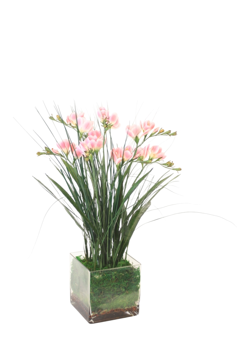 Distinctive Designs 17421 Pink Freesia Mixed with Grass in Square Glass Vase