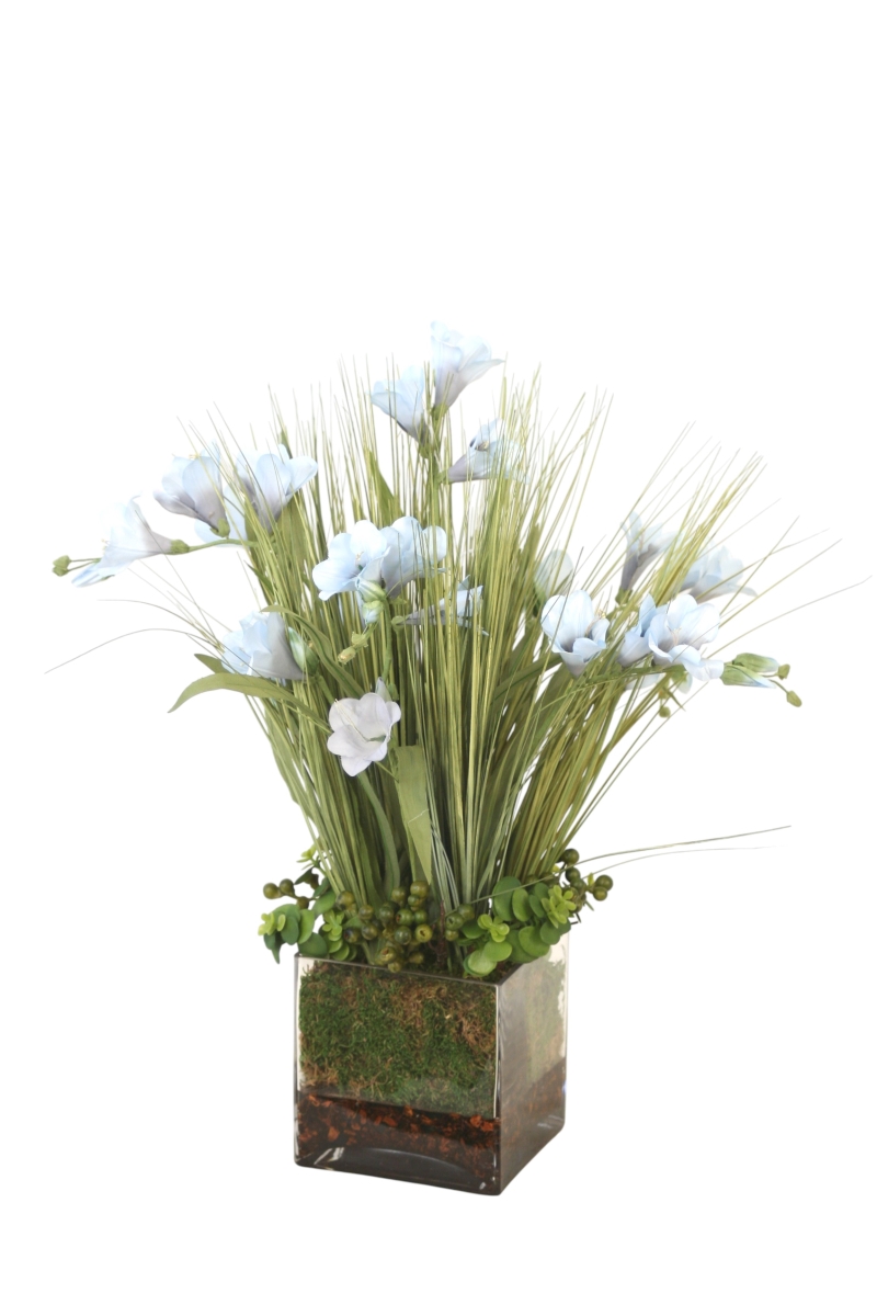 Distinctive Designs 30114 Ice Blue Freesia Mixed with Grass & Berries in Square Glass Container