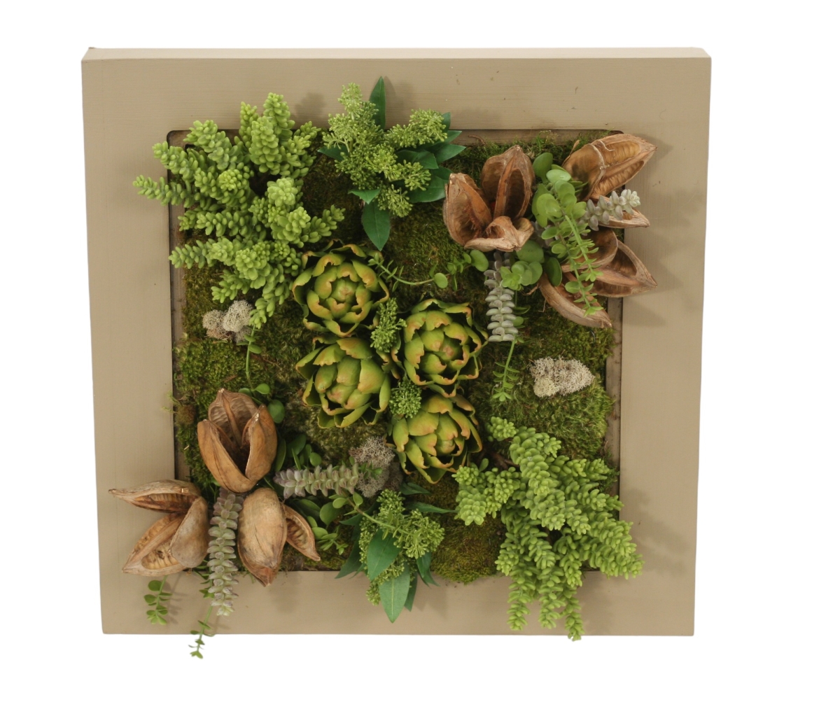 22005  Square Wooden Box with Succulents and Artichokes