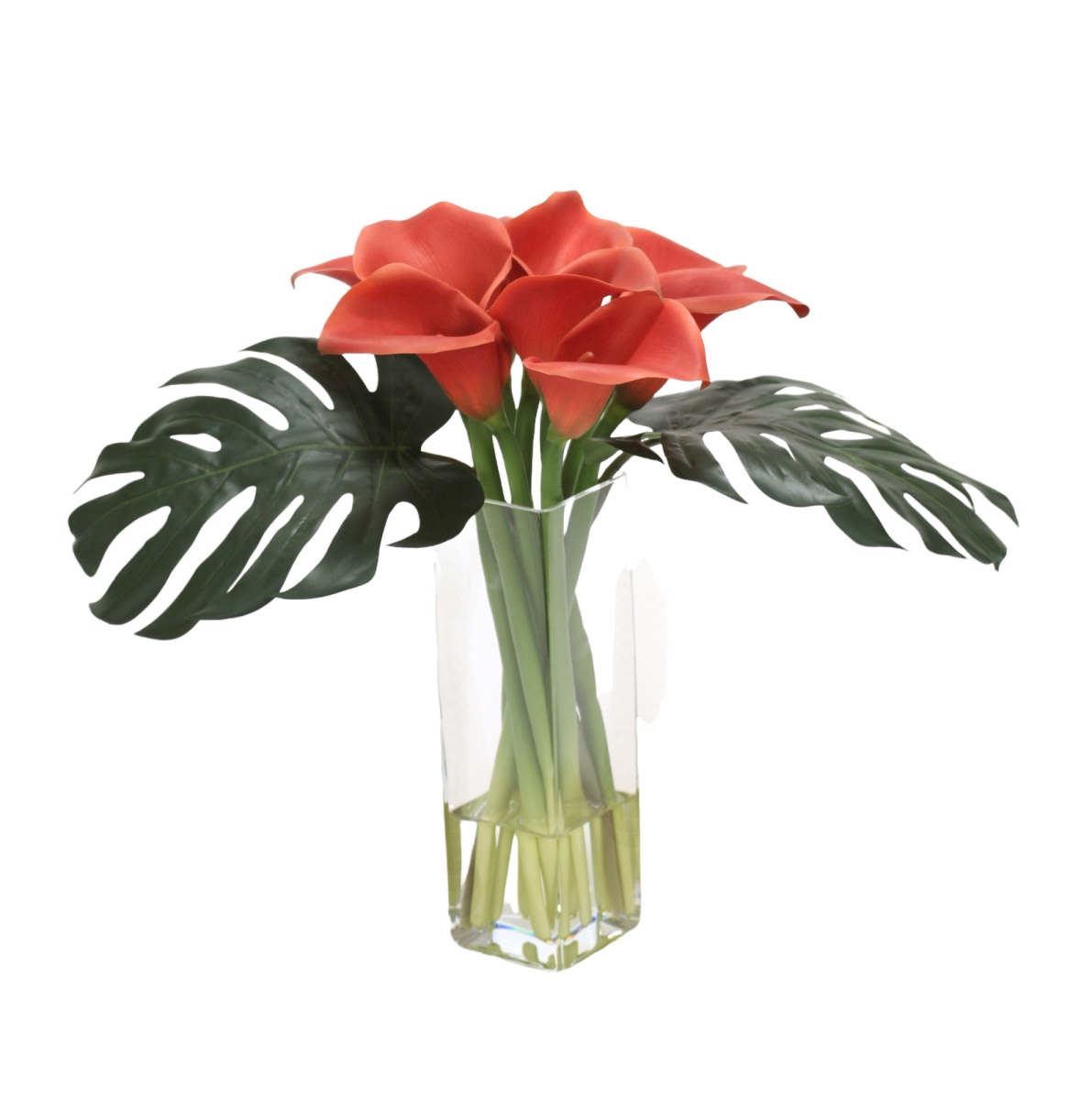 15858A Distinctive Designs Waterlook® Rust Calla Lilies, Split Philo Leaves in Square Glass Vase