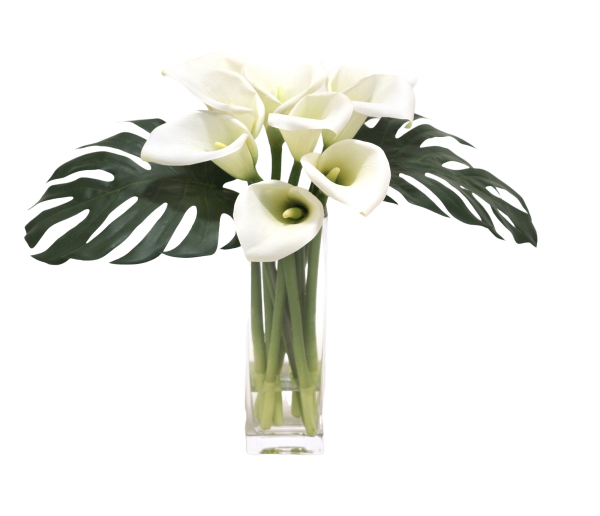 15858B Distinctive Designs Waterlook® White Calla Lilies and Split Philo Leaves in Square Glass Vase