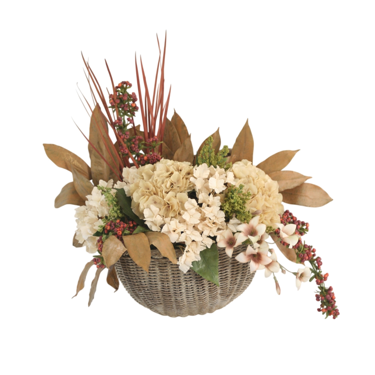 30177 Beige Hydrangeas, Berries, Fall Foliage in Wall Basket