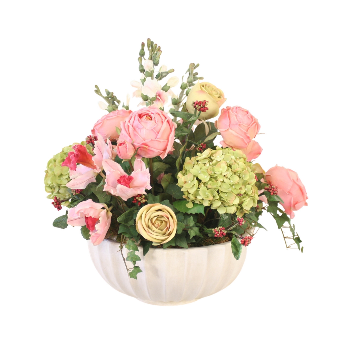 30164 Pink Roses, Green Hydrangeas, with Mixed Flowers in Ivory Scalloped Planter
