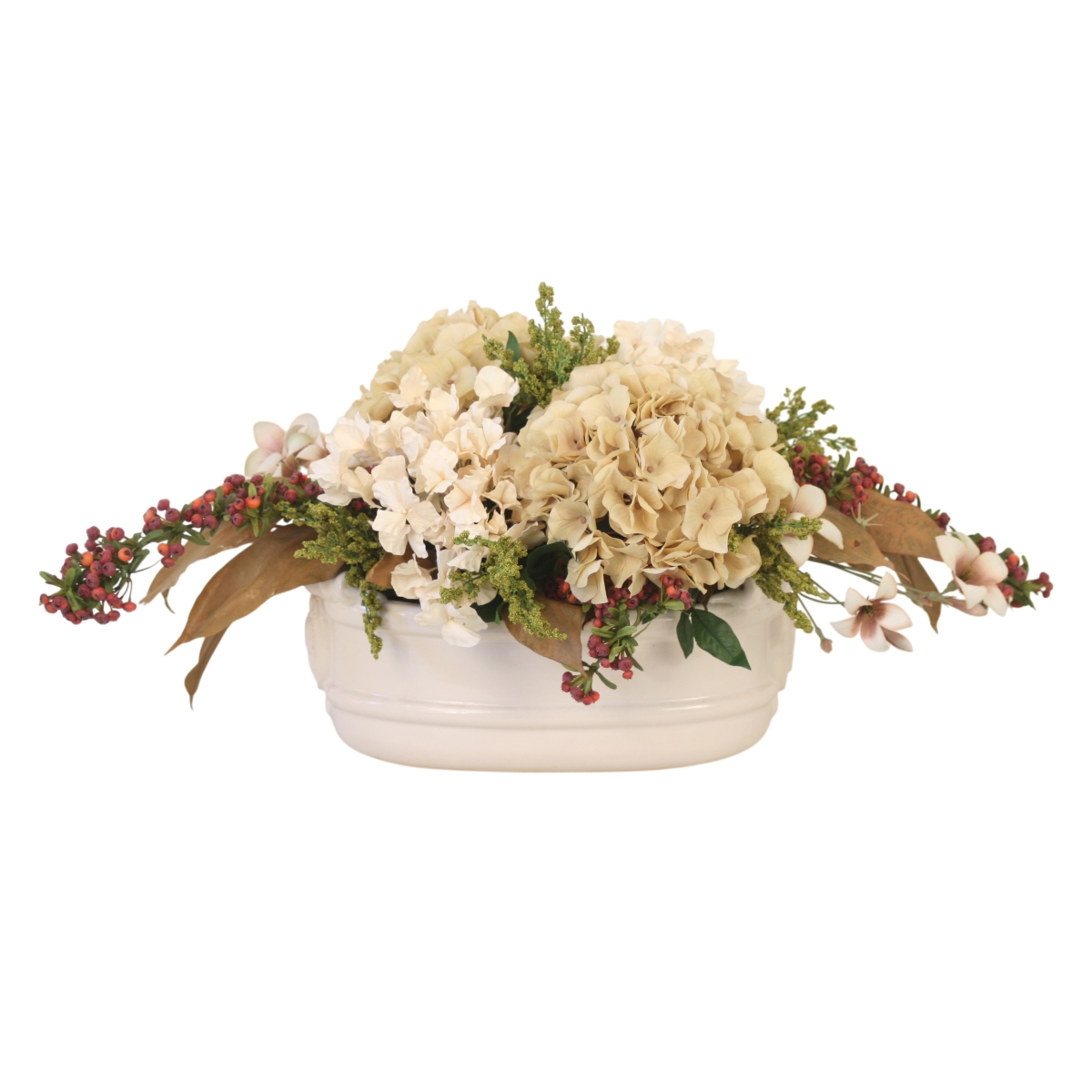 30176 Beige Hydrangea, Berries, Astilbe in White Sto are Planter