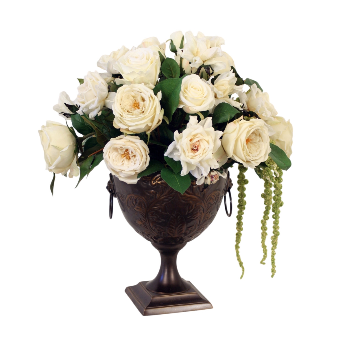 30166 White Roses, Amaranthus in Bronze Urn