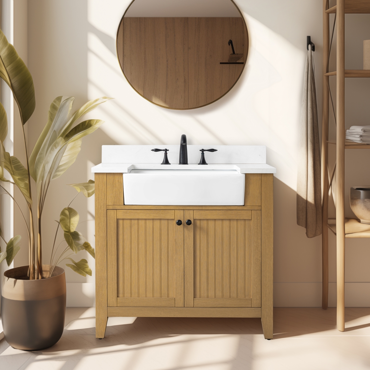Design Element Bk-36-OKM Design Element Burbank 36-in Oak Farmhouse Single Sink Bathroom Vanity with White Quartz Top