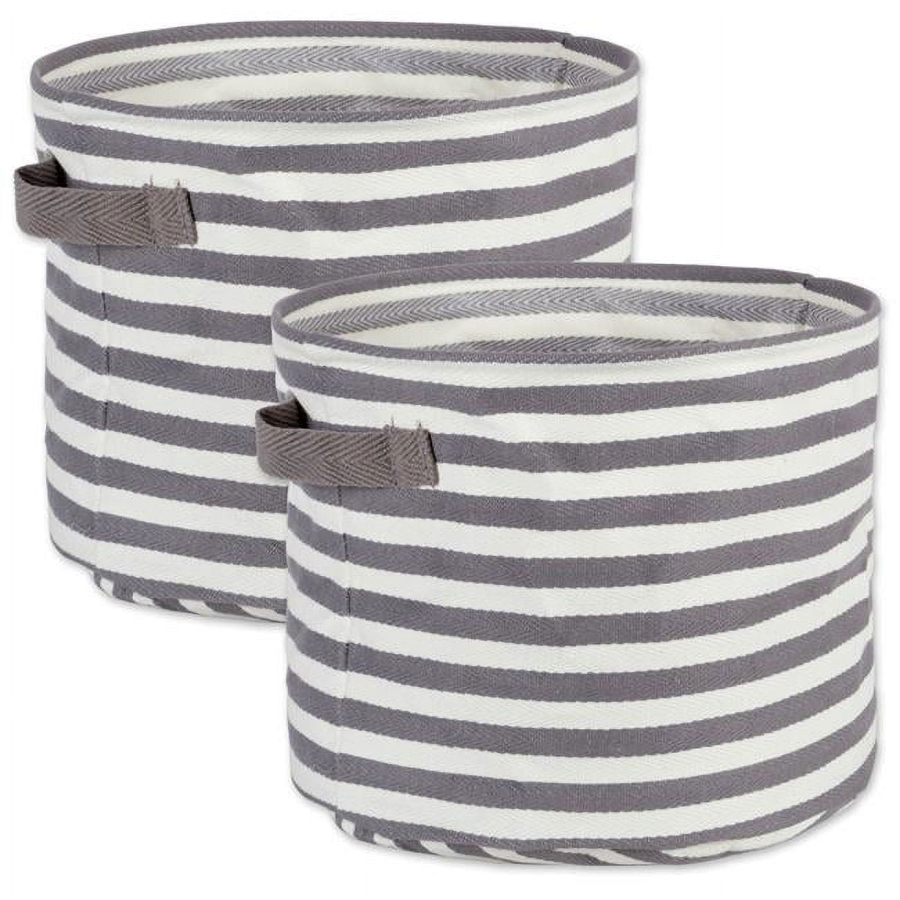 Design Imports CAMZ38440 12 x 12 x 9.5 in. Pe Coated Herringbone Woven Cotton Stripe Round Laundry Storage Bin, Grey - Medium - Set of 2