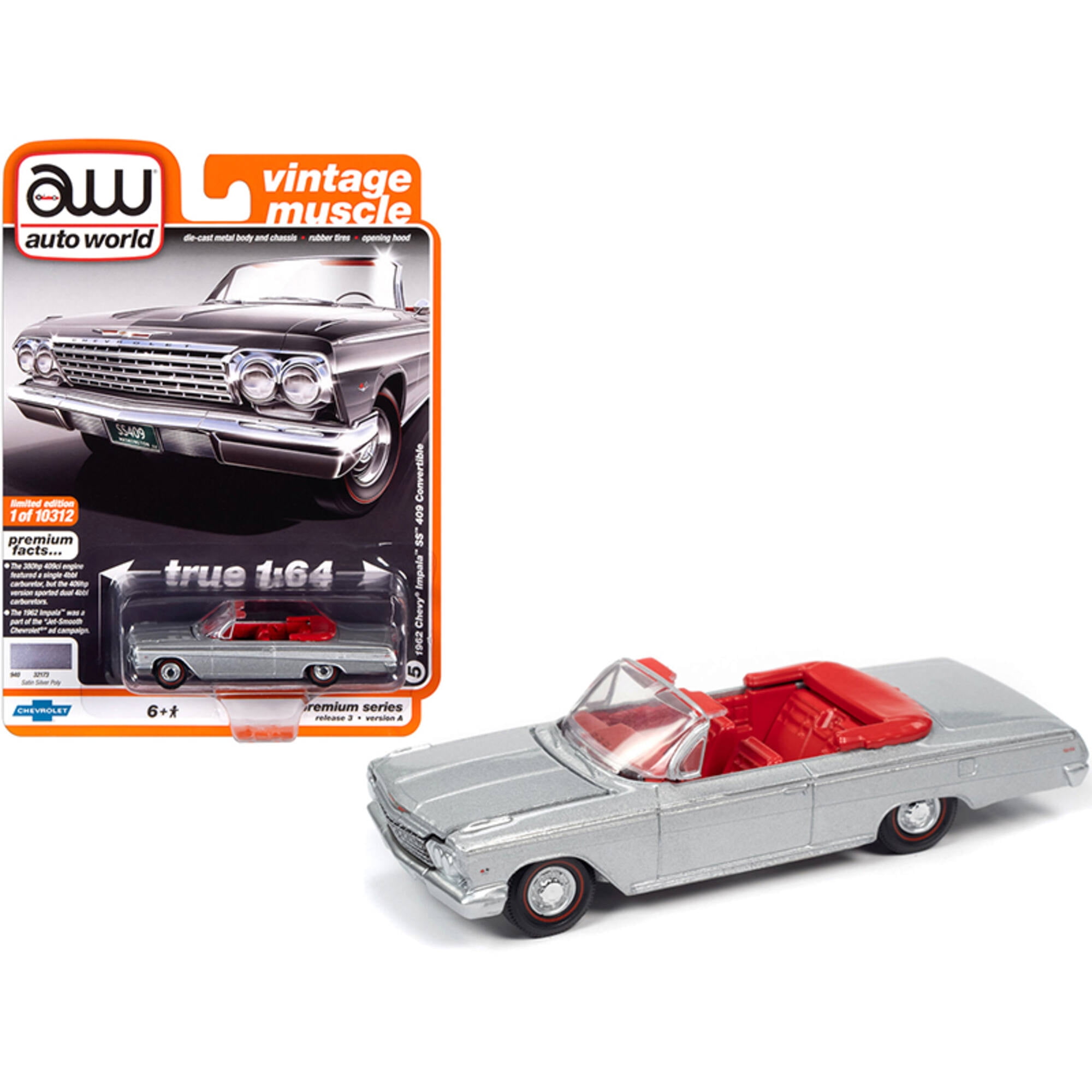 Picture of Autoworld 64262-AWSP045A 1-64 Scale 1962 Chevrolet Impala SS 409 Convertible Satin Silver Metallic & Red Interior Muscle Truck Diecast Model Car - 10312 Piece