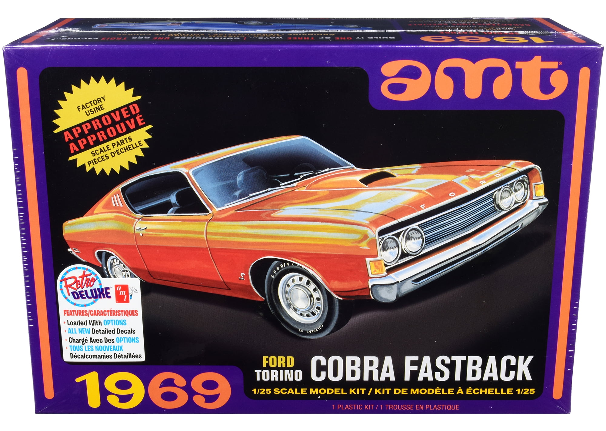 1217M Skill 2 1969 Ford Torino Cobra Fastback 3-in-1 Kit 1 by 25 Scale Model Kit