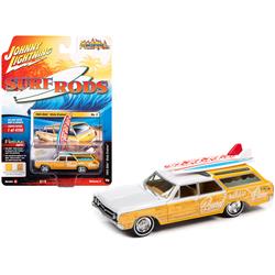 1964 Vista Cruiser White and Pearl Yellow with Wood Paneling and Two Surfboards Surf Rods Limited Edition to 4156 Pieces Worldwide 1/64 Diecast Model Car by Johnny Lightning JLSF018-JLSP110B