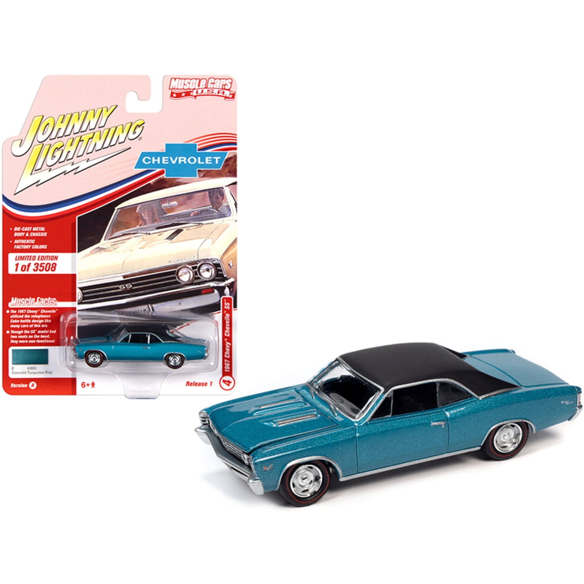 Picture of Johnny Lightning JLMC025-JLSP138A Series 0.16 4 Diecast Model Car for 1967 Chevrolet Chevelle SS Emerald Turquoise Metallic with Flat Black Top Limited Edition To Worldwide Muscle Cars USA - 3508 Pieces
