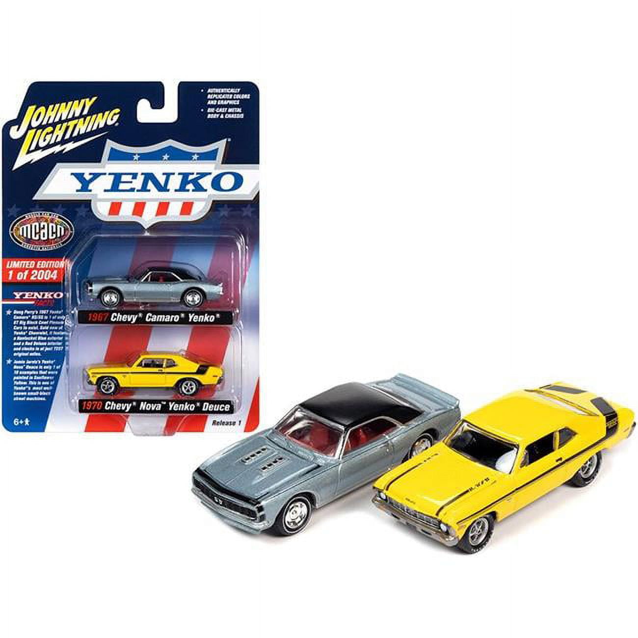 Picture of Johnny Lightning JLPK012-JLSP129 Muscle Car & Corvette Nationals Model Car Set for 1967 Chevrolet Camaro Yenko Blue Metallic with Black Top & 1970 Chevrolet Nova Yenko Deuce Yellow