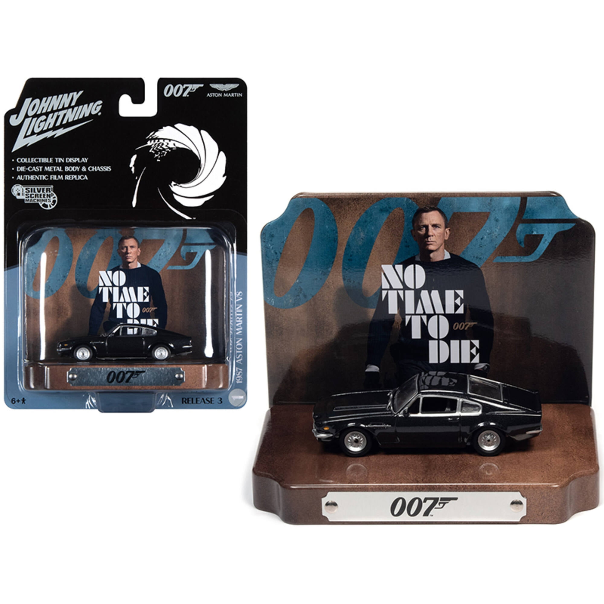 Picture of Johnny Lightning JLDR014-JLSP119 Series 0.16 4 Diecast Model Car for 1987 Aston Martin V8 Cumberland Gray with Collectible Tin Display 07 James Bond No Time to Die 2021 Movie 25th In The James Bond