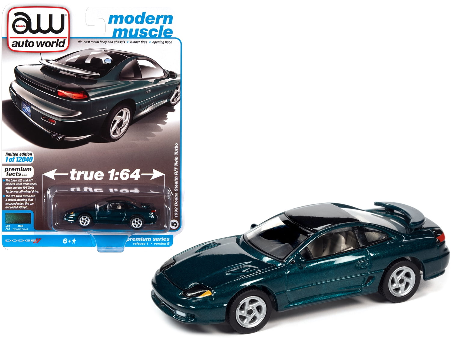 Picture of Autoworld 64302-AWSP063B Series 0.16 4 Diecast Model Car for 1992 Dodge Stealth R-T Twin Turbo Emerald Green Metallic with Black Top Modern Muscle Limited Edition To Worldwide - 12040 Pieces