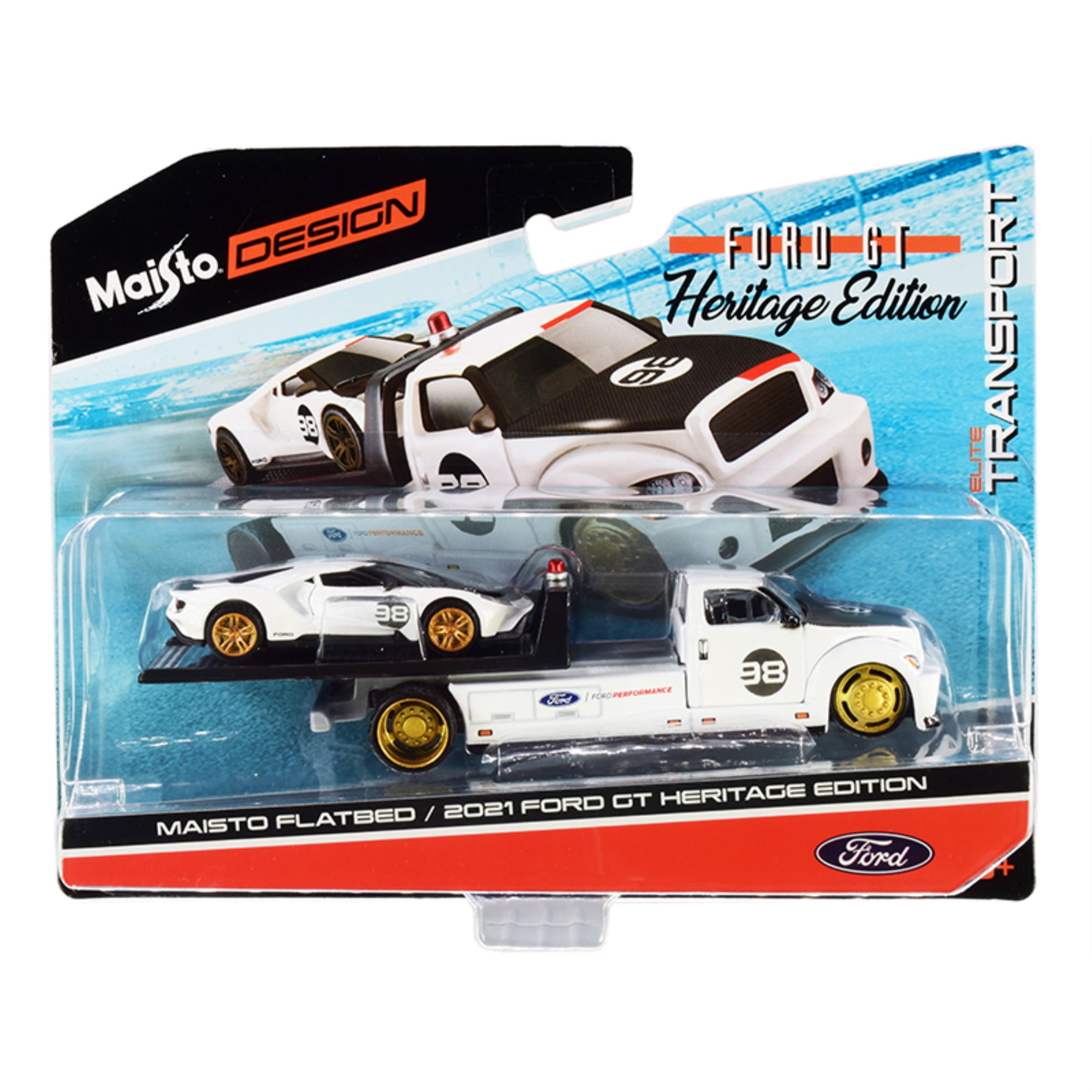 Picture of Maisto 15108-21A Series 0.16 4 Diecast Model Car for 2021 Ford GT No. 98 Heritage Edition with Flatbed Truck White & Black Elite Transport