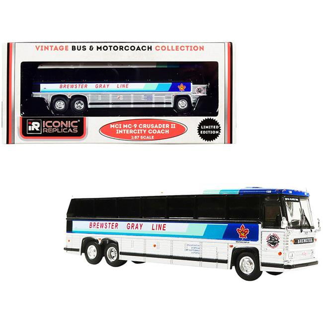 Picture of Iconic Replicas 87-0234 1-87 HO Diecast Model for 1980 MCI MC-9 Crusader II Intercity Coach Bus Brewster Gray Line with White & Silver Stripes Vintage Bus & Motorcoach Collection