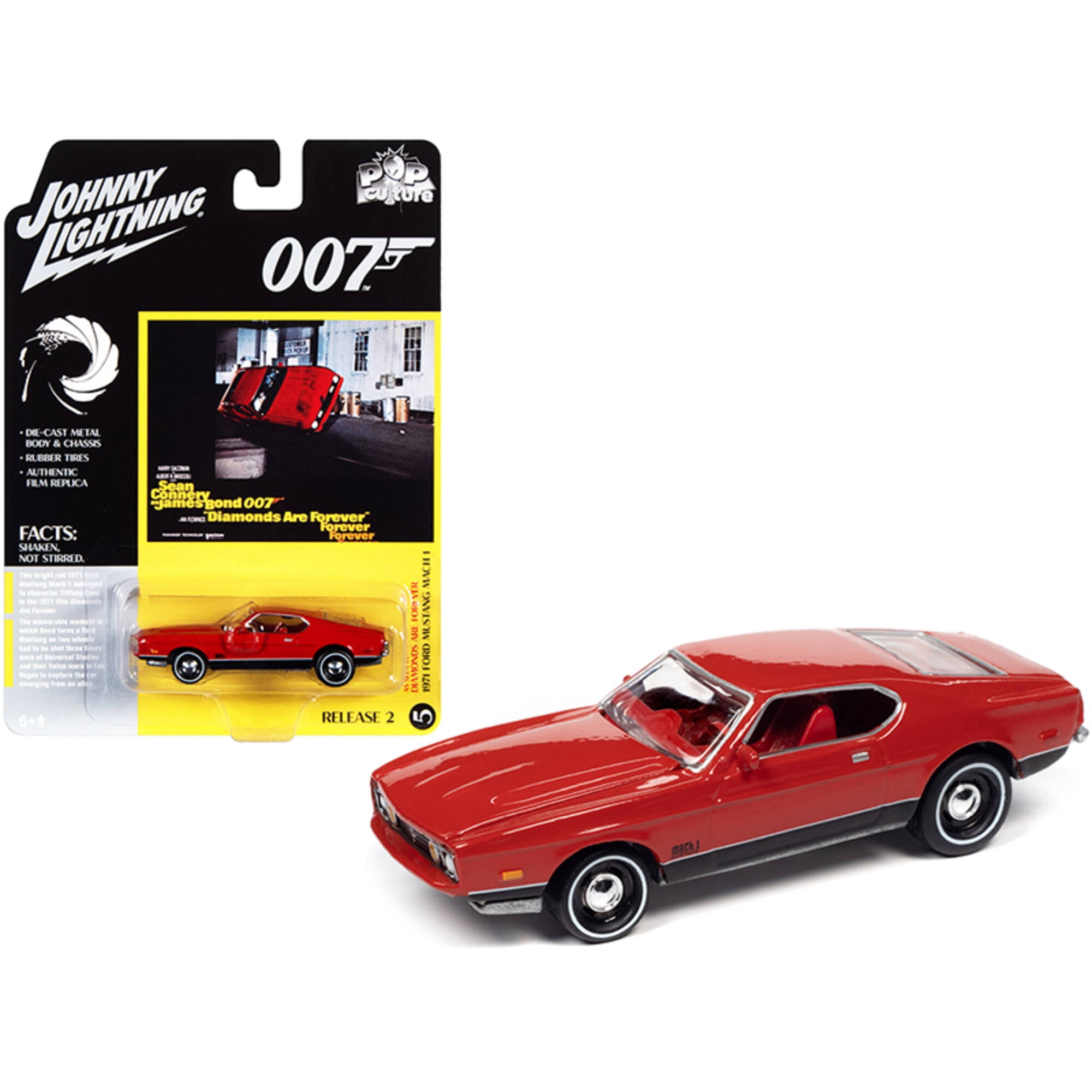 Picture of Johnny Lightning JLPC002-JLSP126 Series 0.16 4 Diecast Model Car for 1971 Ford Mustang Mach 1 Bright Red with Black Bottom James Bond 007 Diamonds Are Forever 1971 Movie Pop Culture