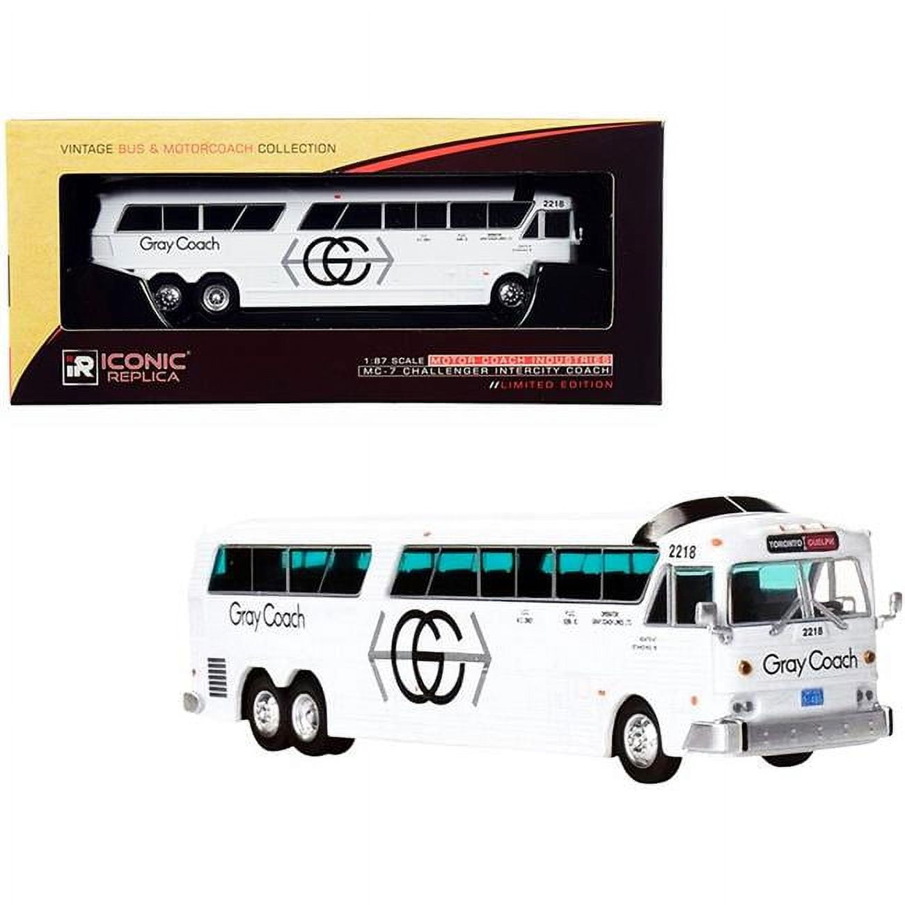 Picture of Iconic Replicas 87-0270 1-87 HO Diecast Model for MCI MC-7 Challenger Intercity Coach Bus White Gray Coach Toronto - Guelph Vintage Bus & Motorcoach Collection