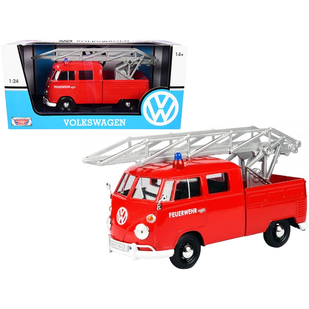 Picture of Motormax 79584 1-24 Diecast Model Car for Volkswagen Type 2 T1 Fire Truck with Aerial Ladder Feuerwehr, Red