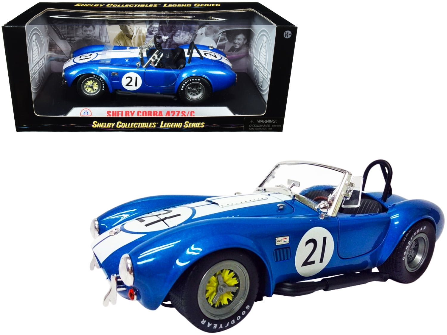 SC112 No. 21 Metallic with White Stripes 1 by 18 Diecast Model Car for Shelby Cobra 427 S-C, Blue