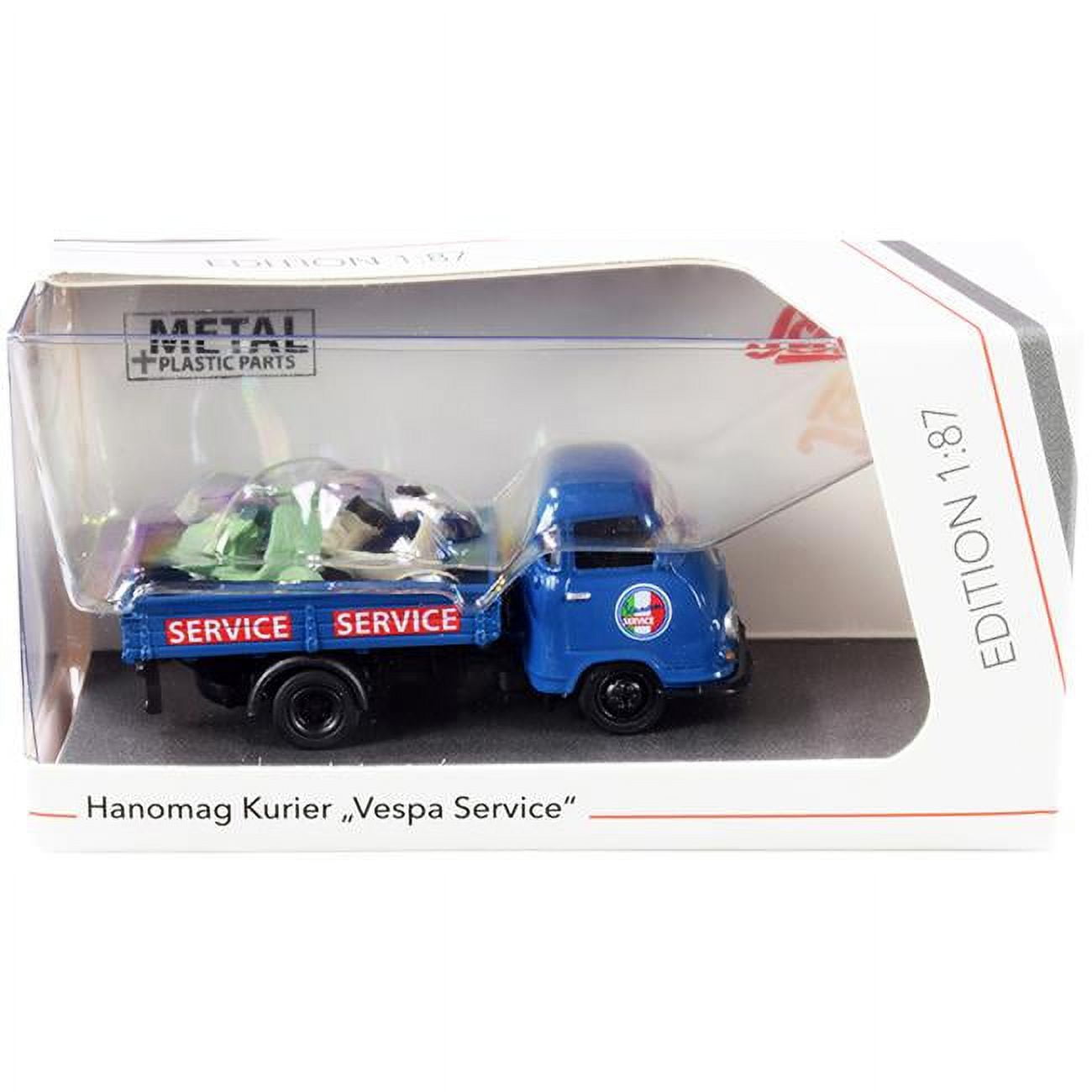 452661400 Hanomag Kurier Transporter Vespa Service Blue with 2 Vespas Green & Cream 1-87 HO Diecast Model Car -  Schuco