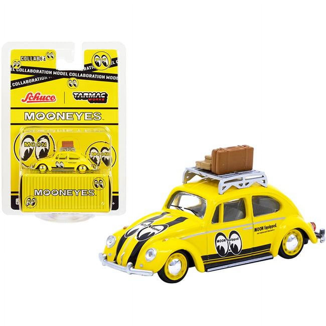 T64S-006-ME1 Volkswagen Beetle Low Ride Yellow with Roof Rack & Luggage Mooneyes Collaboration Model 1-64 Scale Diecast Model Car -  Schuco