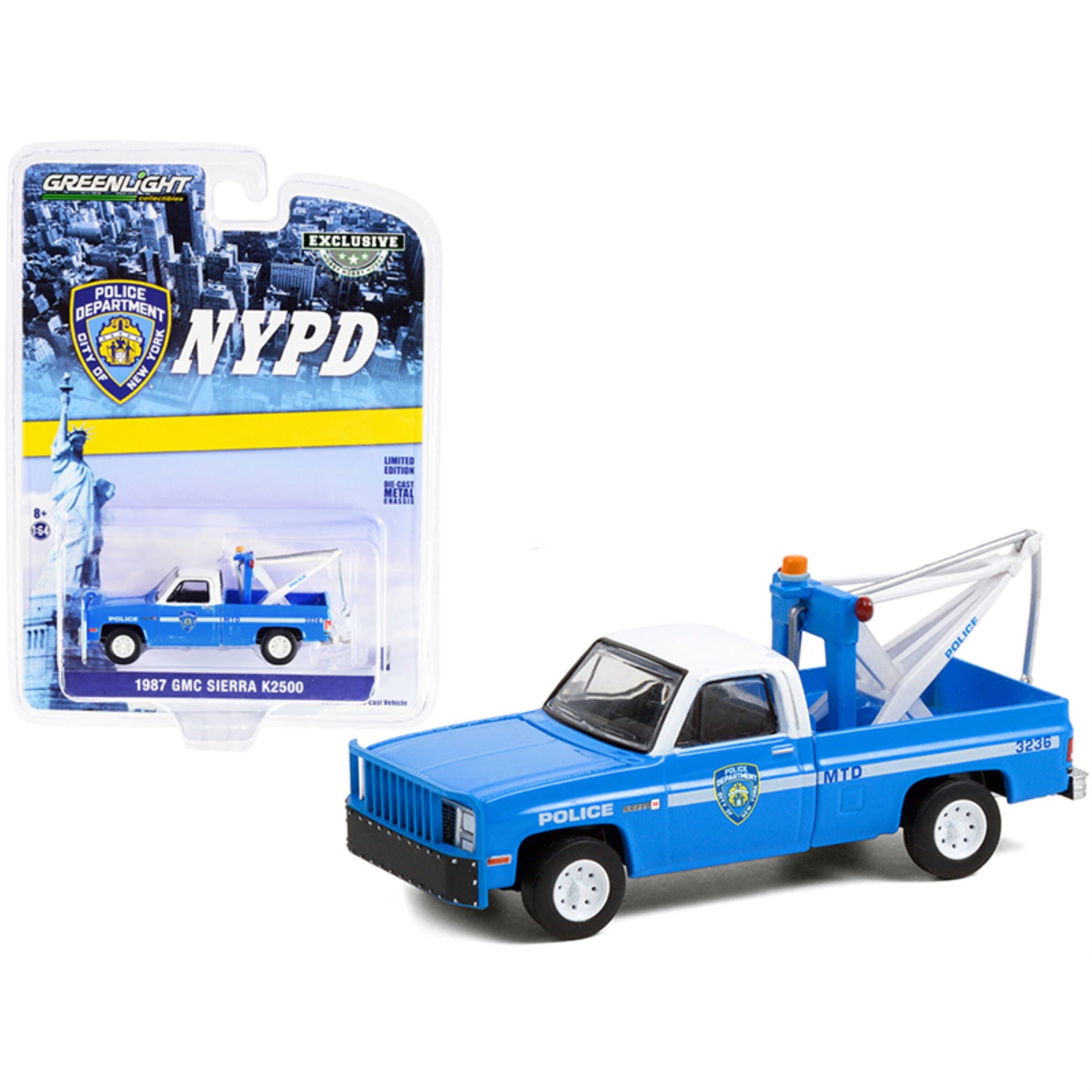 1987 GMC Sierra K2500 Tow Truck with Drop in Tow Hook Blue with White Top New York City Police Dept NYPD Hobby Exclusive 1-64 Scale Diecast Model Car -  ThinkandPlay, TH3470268