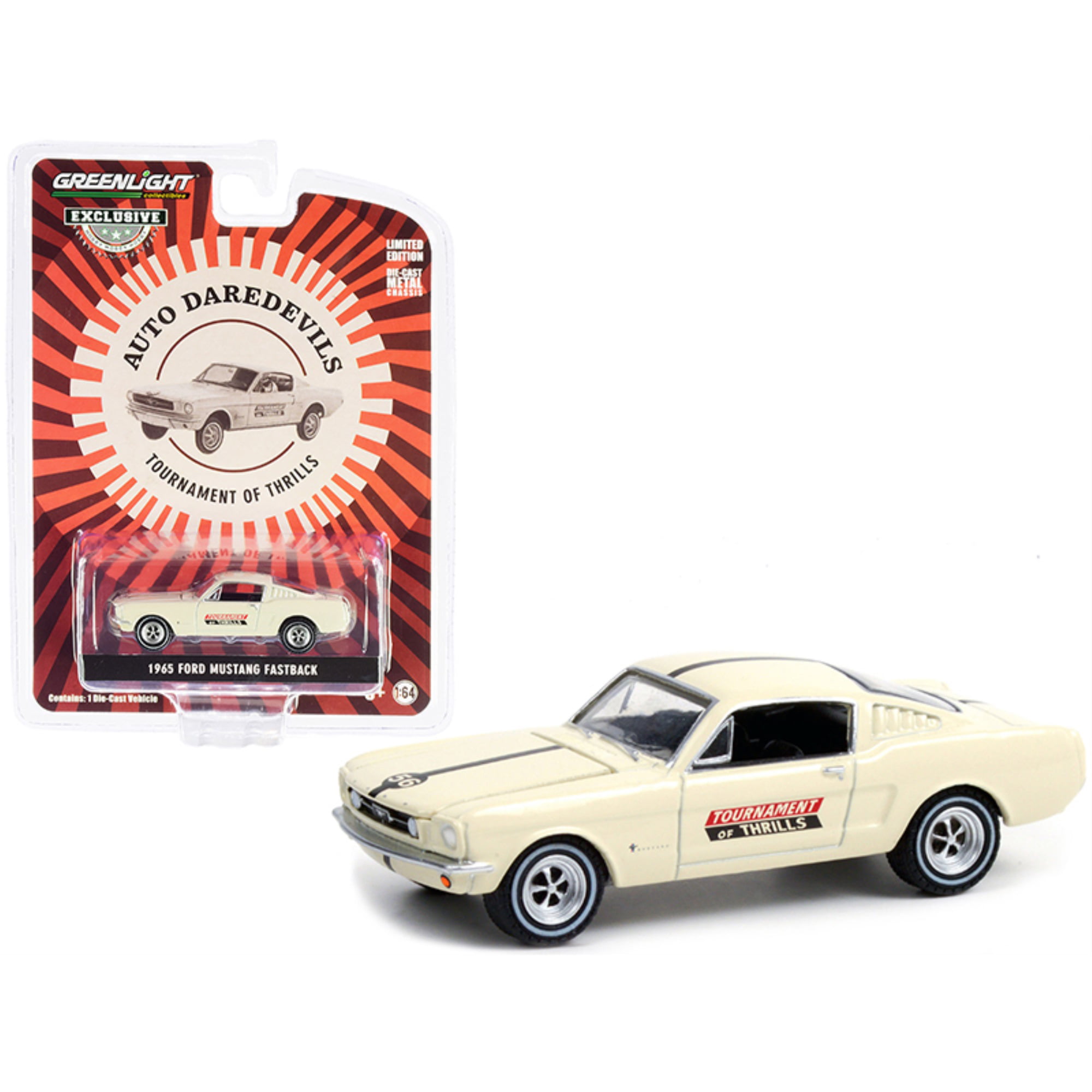 30265 1965 Ford Mustang Fastback No.56 Cream Auto Daredevils Tournament of Thrills Hobby Exclusive 1-64 Scale Diecast Model Car -  GreenLight