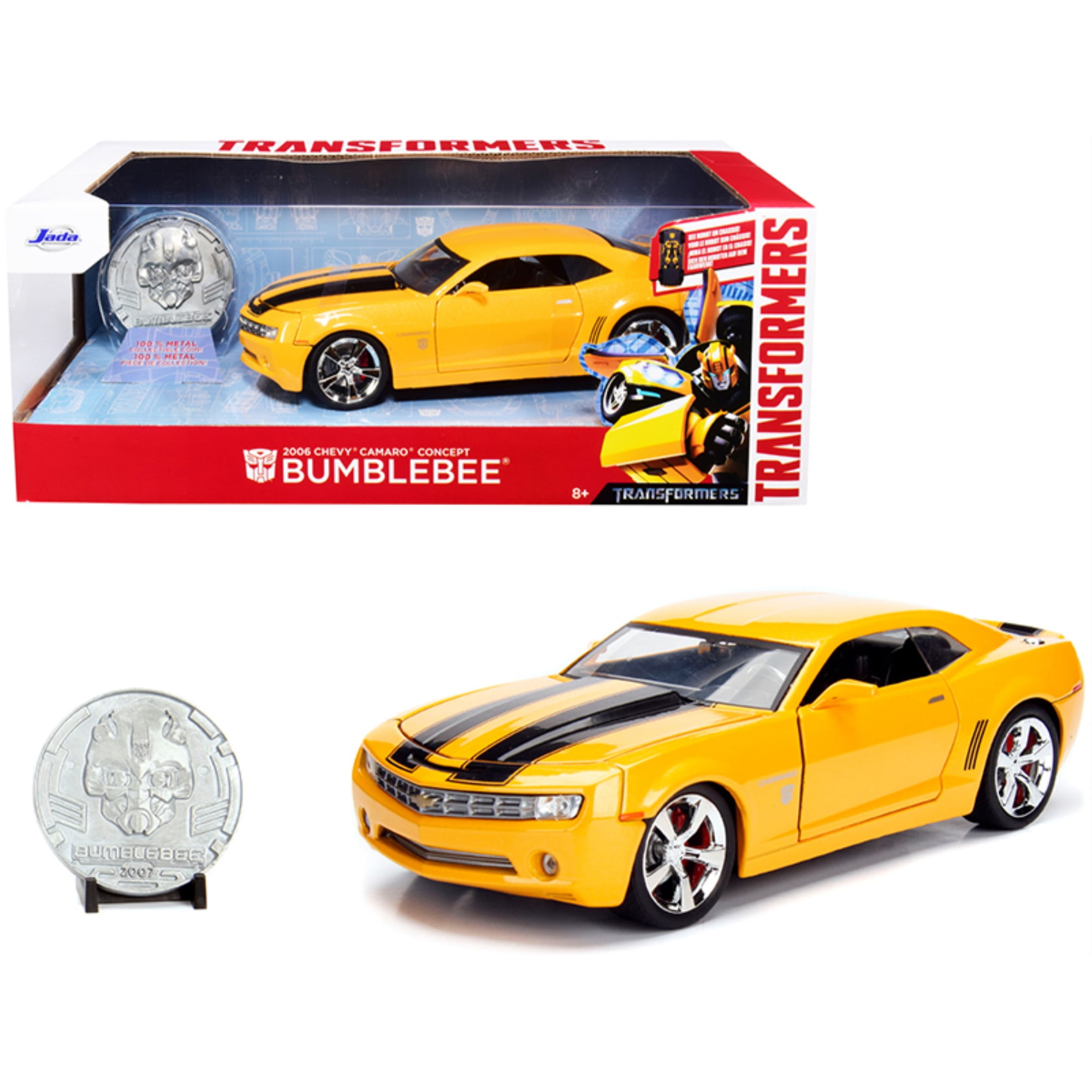 Jada  2006 Chevrolet Camaro Concept Yellow Bumblebee with Robot on Chassis & Collectible Metal Coin Transformers Movie 1-24 Scale Diecast Model Car