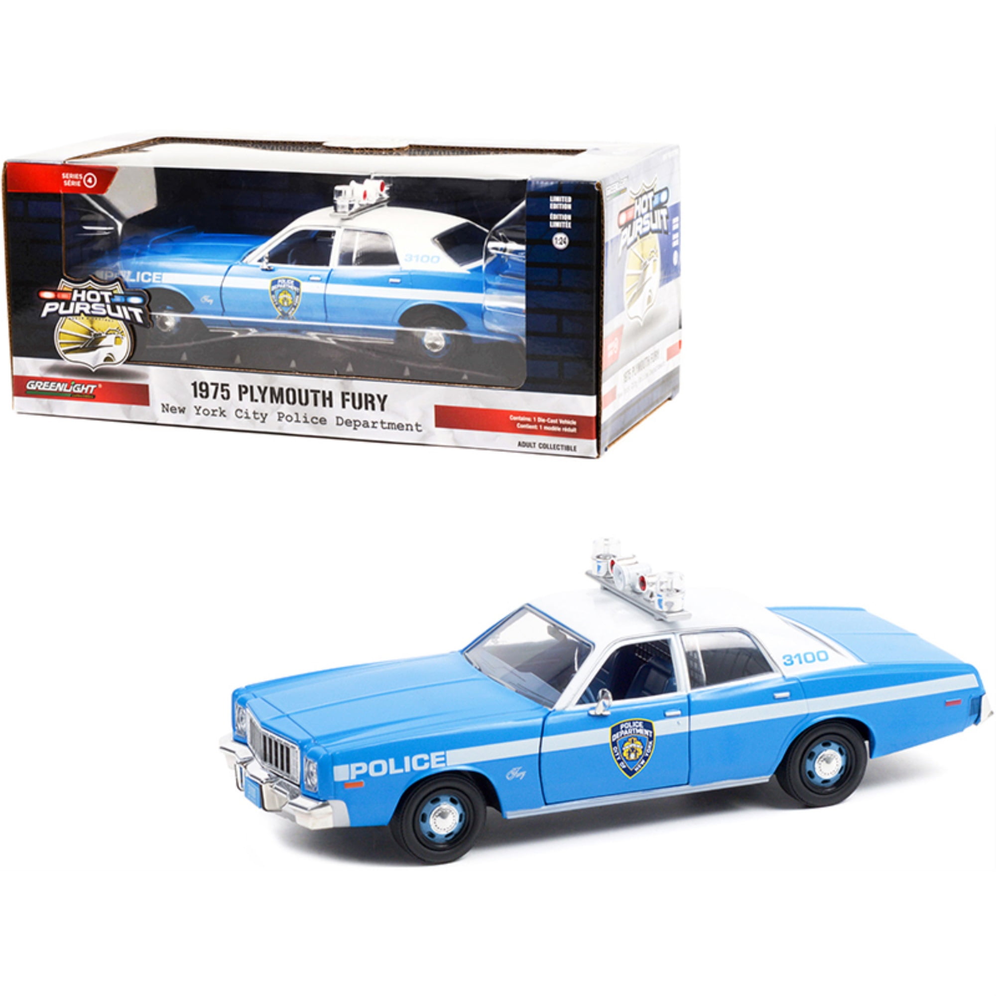 GL85542 1-24 Scale Fury Top New York City Police Department Hot Pursuit 1975 Plymouth Diecast Model Car, Light Blue & White -  GreenLight