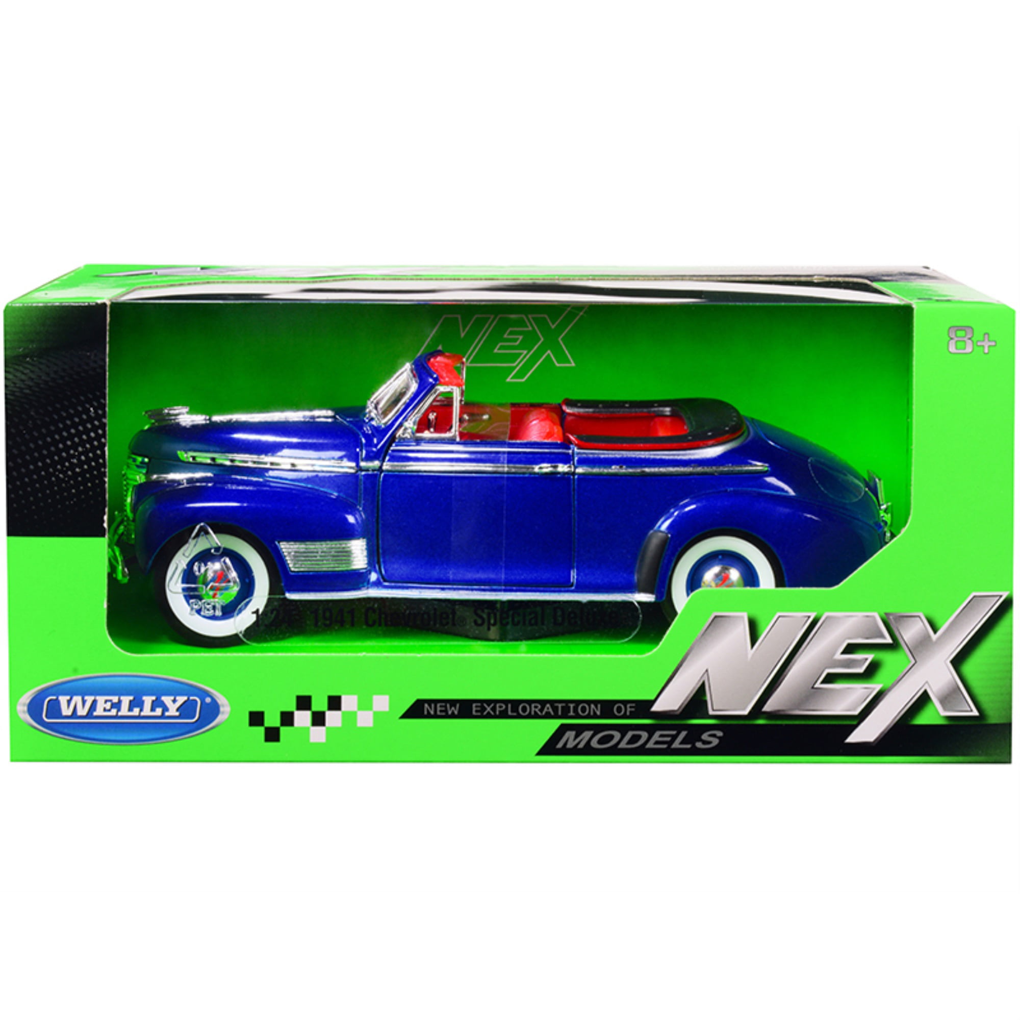 22411mbl 1-24 Scale Special Deluxe Convertible 1941 Chevrolet Diecast Model Car with Interior NEX Models, Metallic Blue & Red -  WELLY