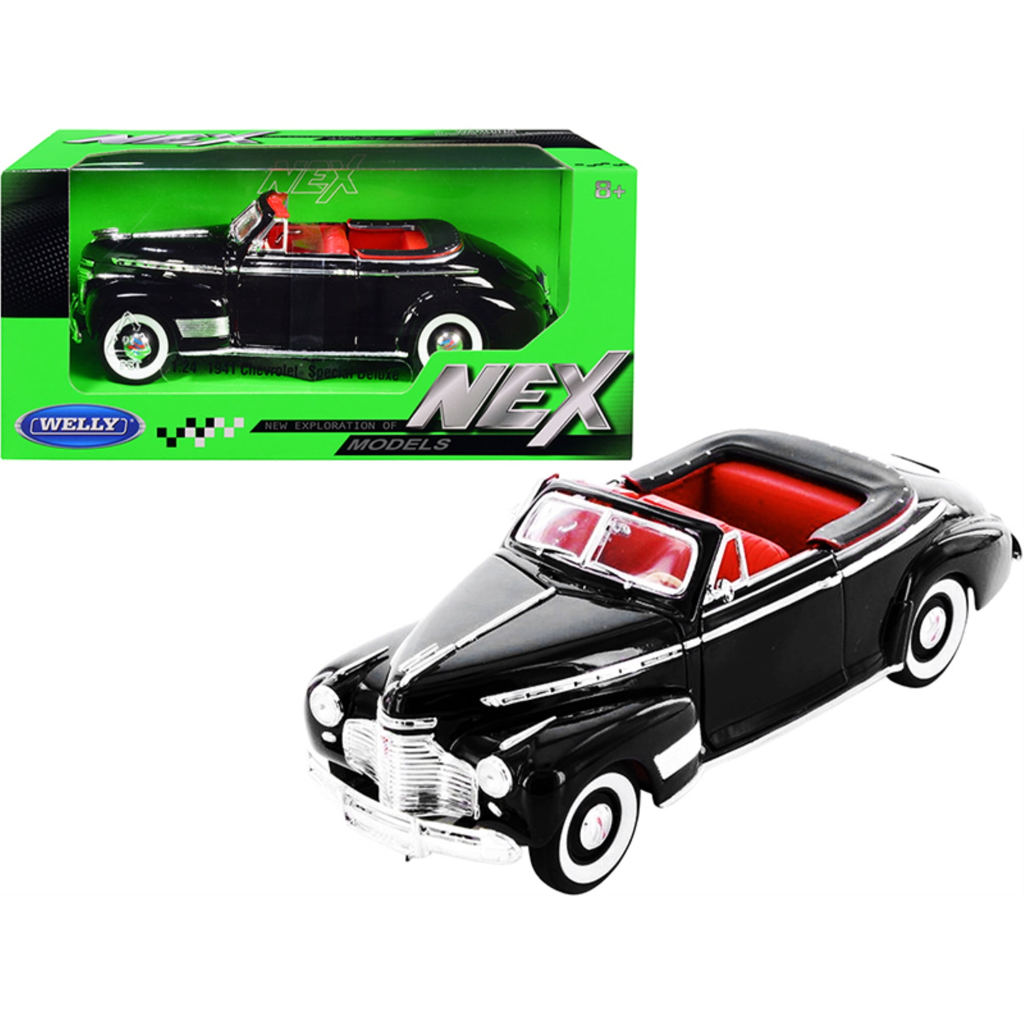 22411bk 1-24 Scale Special Deluxe Convertible 1941 Chevrolet Diecast Model Car with Interior NEX Models, Black & Red -  WELLY