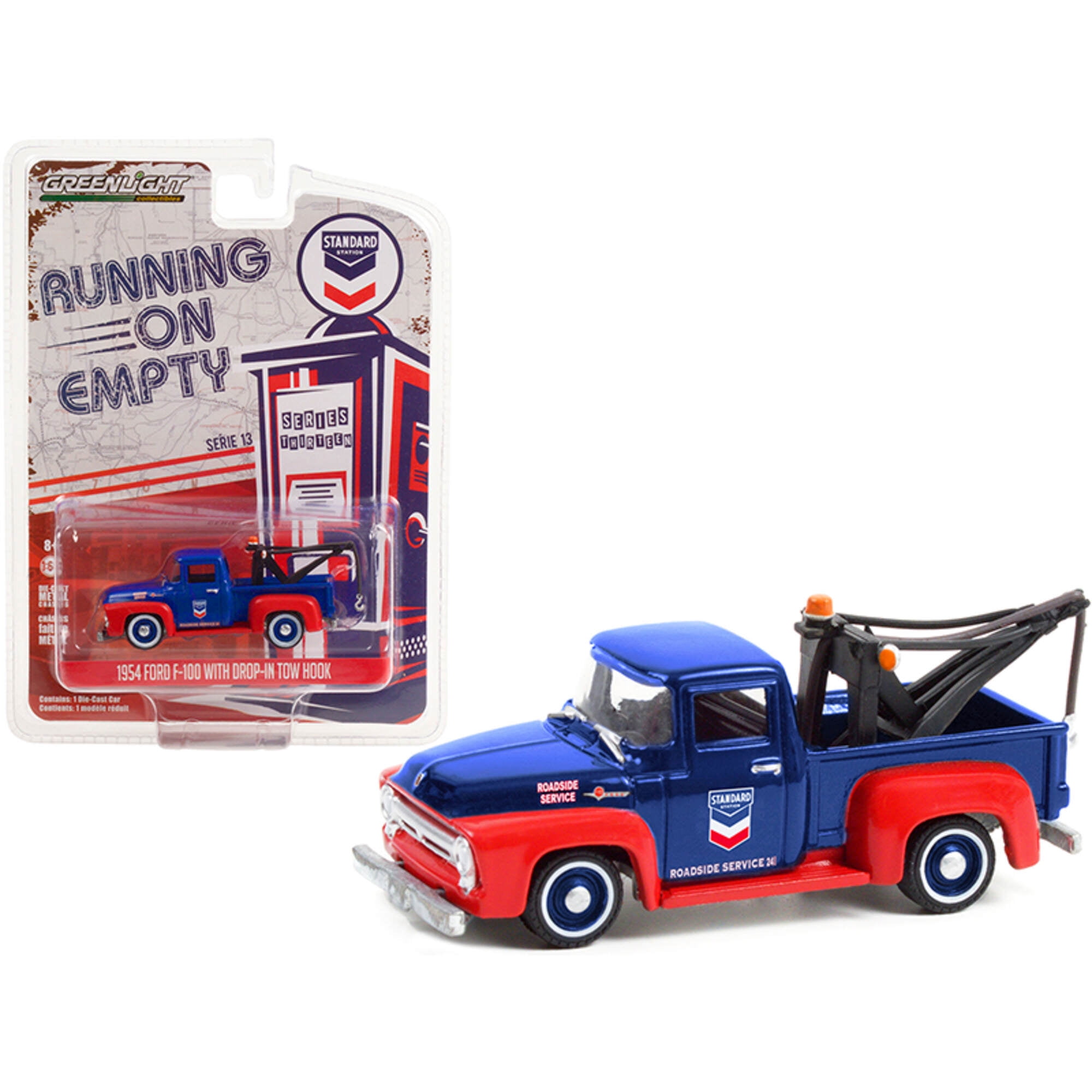 2.75 x 2 in. 1-64 Scale 1954 Ford F-100 Tow Truck with Drop-in Tow Hook Standard Oil Running on Empty 13 Diecast Model Car, Blue & Matt Red -  GreenLight, 41130A