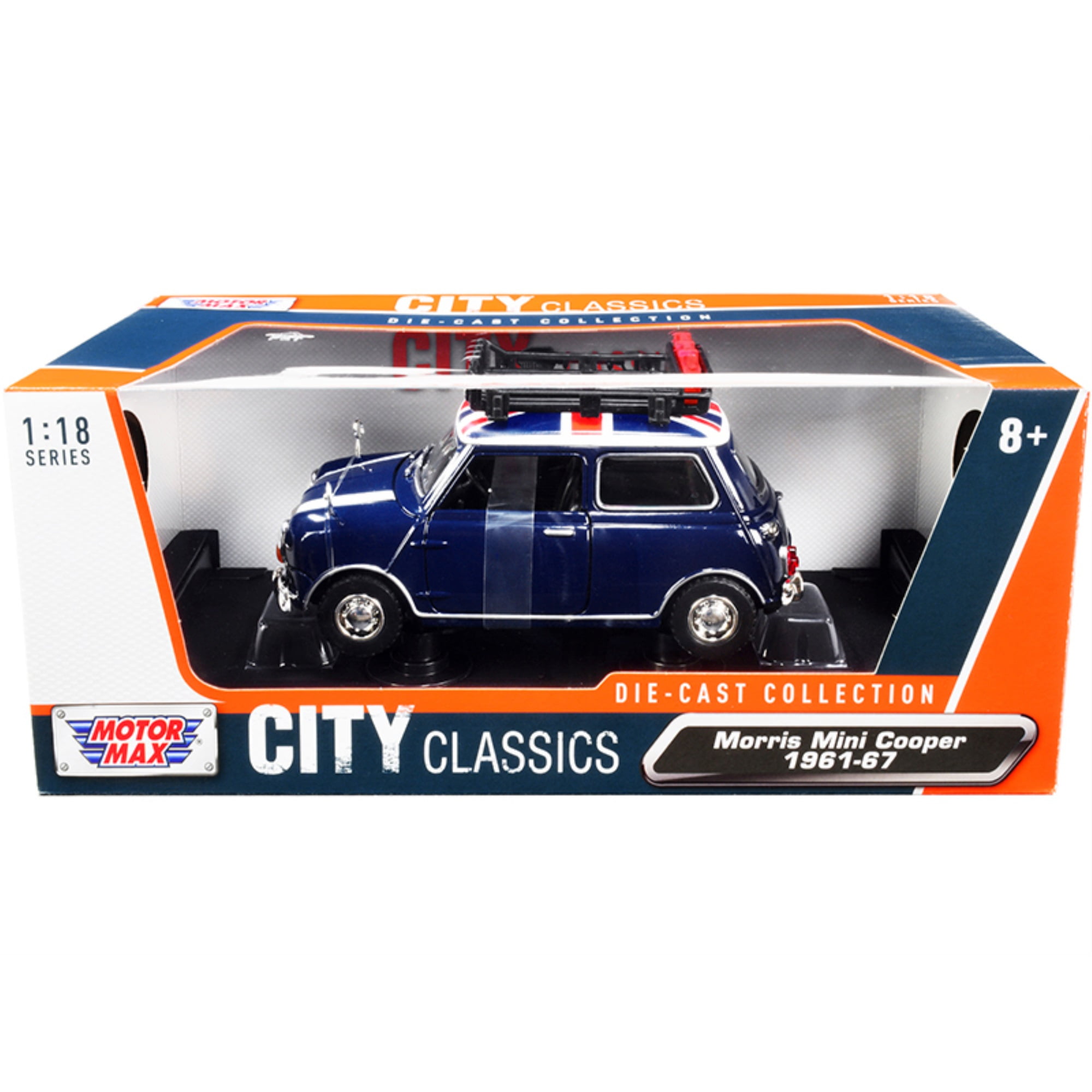 1-18 Scale Right Hand Drive 1961-1967 Morris Mini Cooper Classics Diecast Model Car with British Flag on the Top & Roof Rack City, Dark Blue