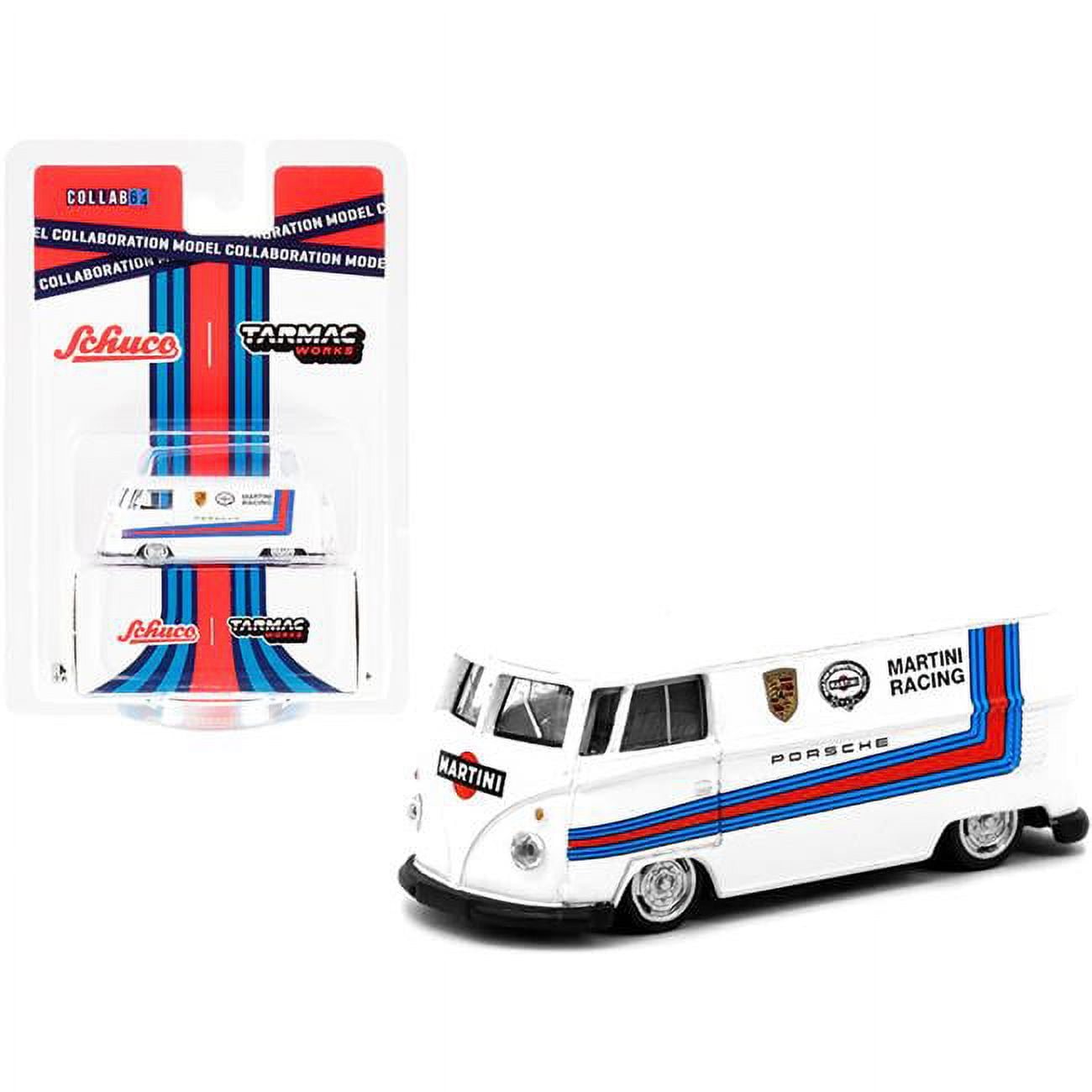 T64S-005-MAR 2.5 x 2 in. 1-64 Scale Volkswagen T1 Van Low Ride Height Martini Racing Collaboration Model Diecast Model Car with Stripes, White -  Schuco