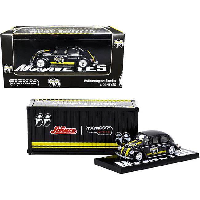 T64S-006-ME2 1-64 Scale Volkswagen Beetle Mooneyes Stripes Diecast Model Car with Container Case Collaboration, Black & Yellow -  Schuco