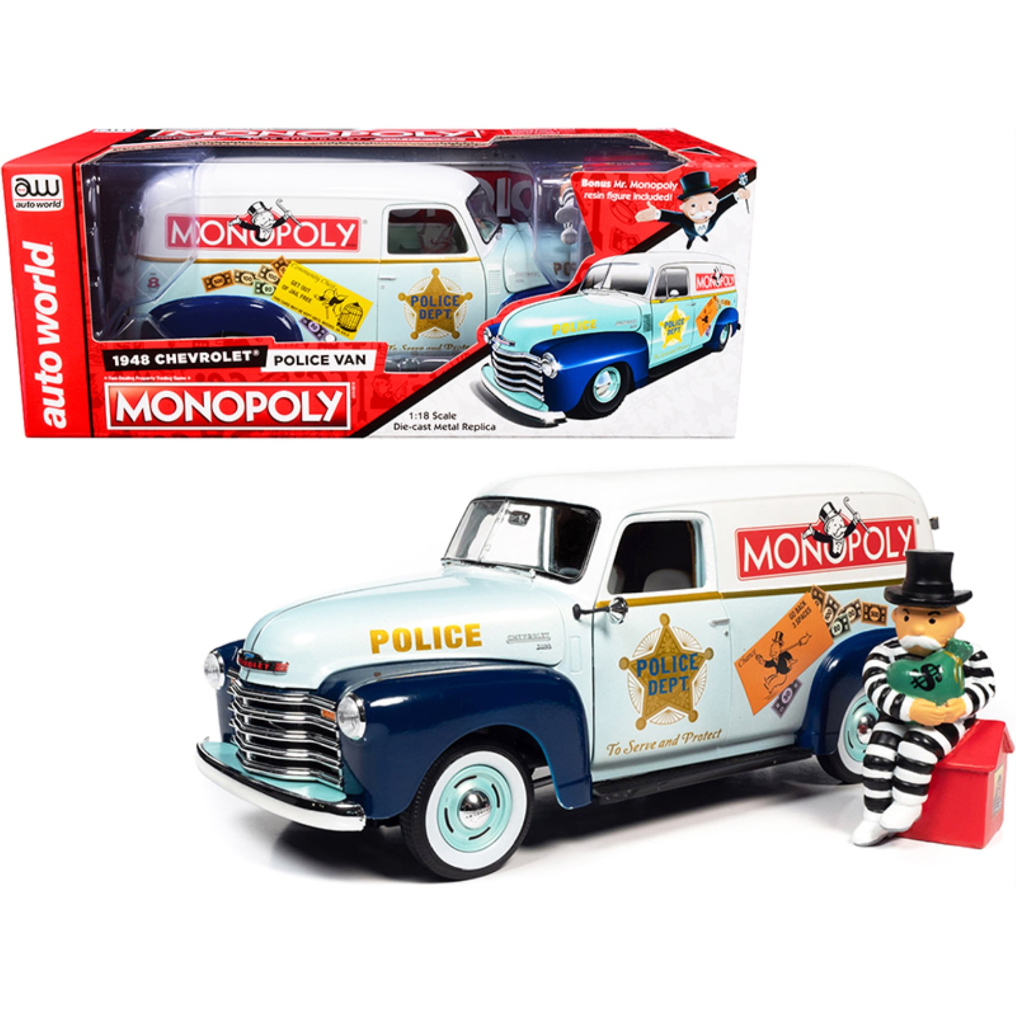 Picture of Autoworld AWSS129 1-18 Scale 1948 Chevrolet Panel Police Diecast Model Van with Mr. Monopoly Figurine