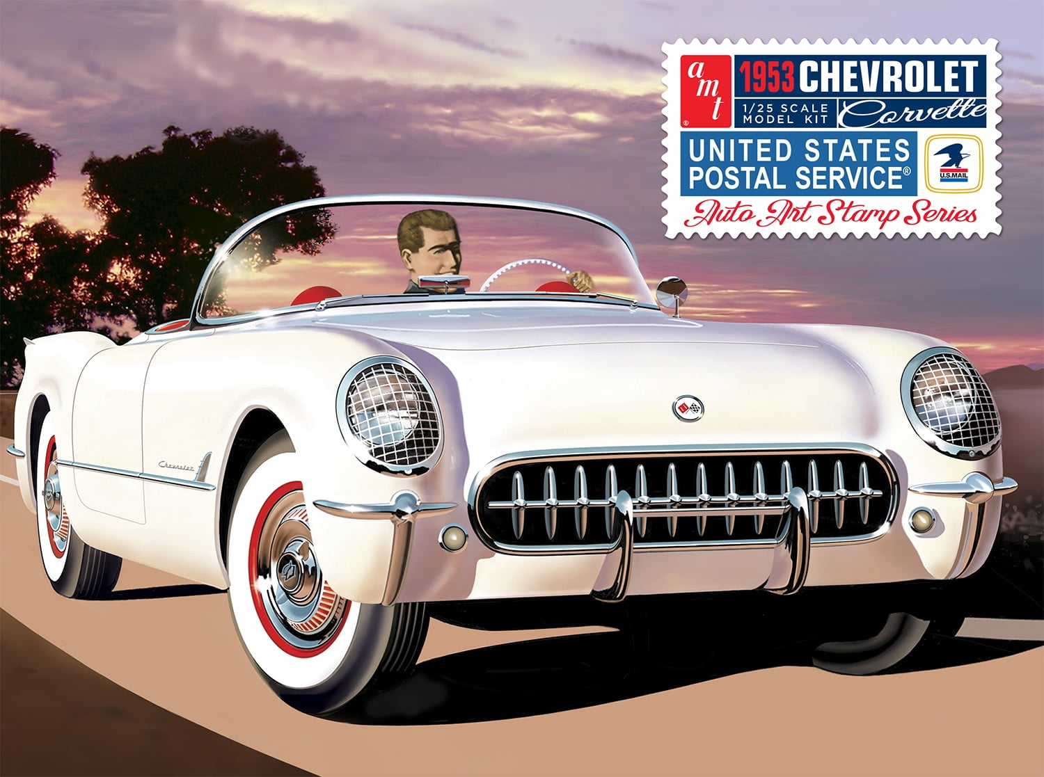 1-25 Scale 1953 Chevrolet Corvette USPS Themed Collectible Tin Skill 2 Model Kit
