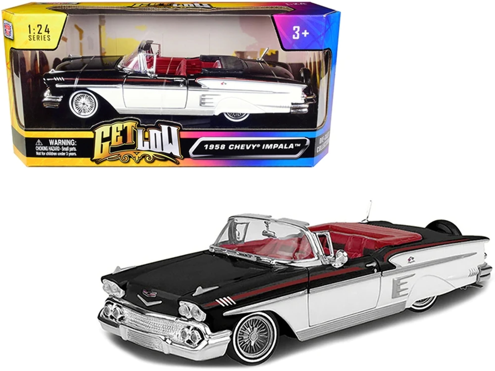 1-24 Scale 1958 Chevrolet Impala Convertible Lowrider Interior Get Low Series Diecast Model Car, Black, White & Red