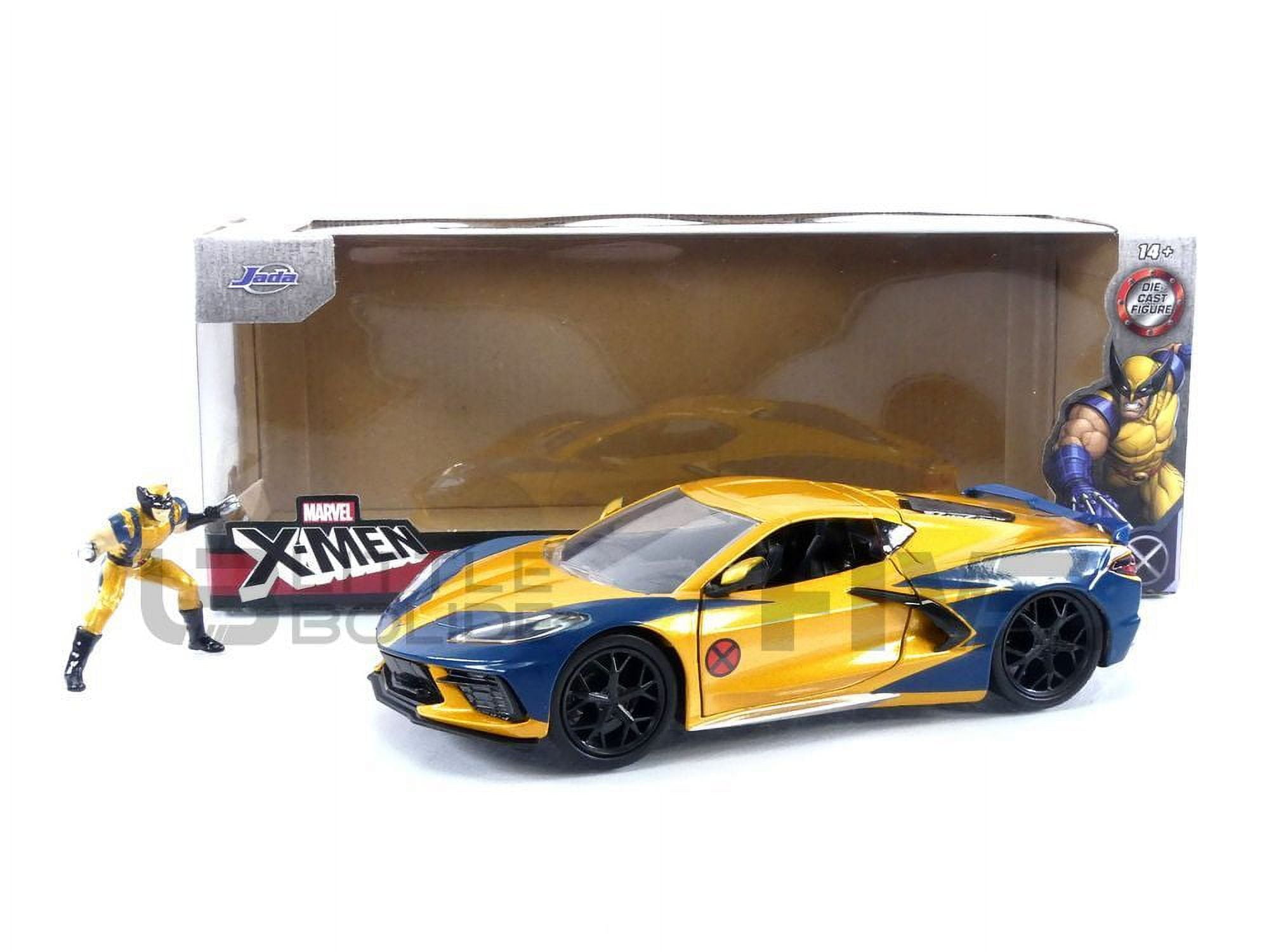 1-24 Scale 2020 Chevrolet Corvette C8 Stingray & Wolverine X-Men Marvel Series Hollywood Rides Diecast Model Car, Dark Blue & Metallic Gold