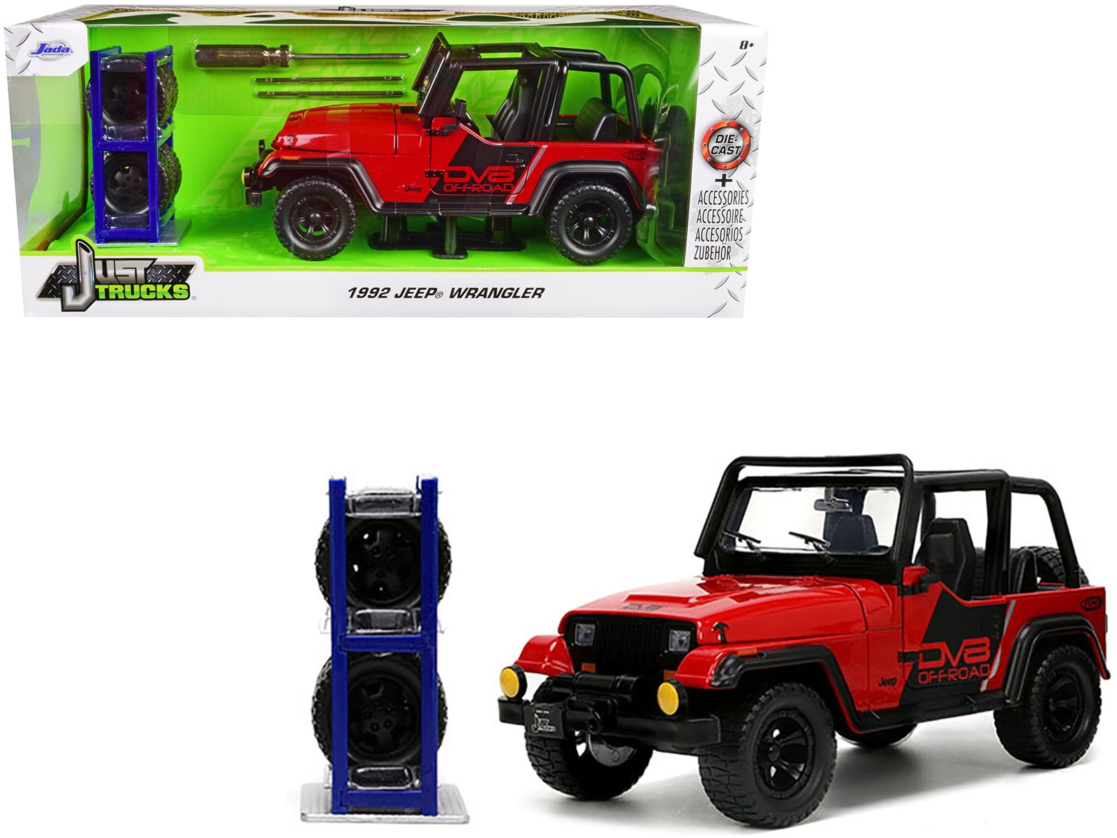 33851 1-24 Scale 1992 Jeep Wrangler DV8 Off Road Stripes with Extra Wheels Just Trucks Series Diecast Model Car, Red & Matte Black