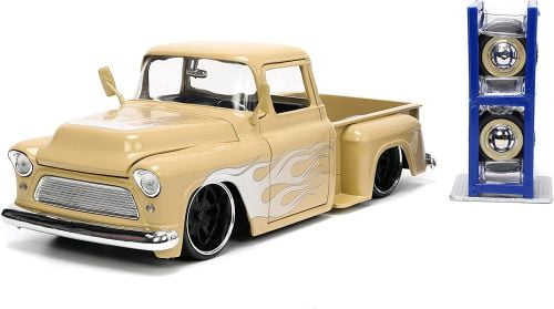 1-24 Scale Diecast 1955 Chevrolet Stepside Pickup Truck Flames with Extra Wheels Just Trucks Series Model Car, Tan, White & Silver -  Endless Games, EN3477165