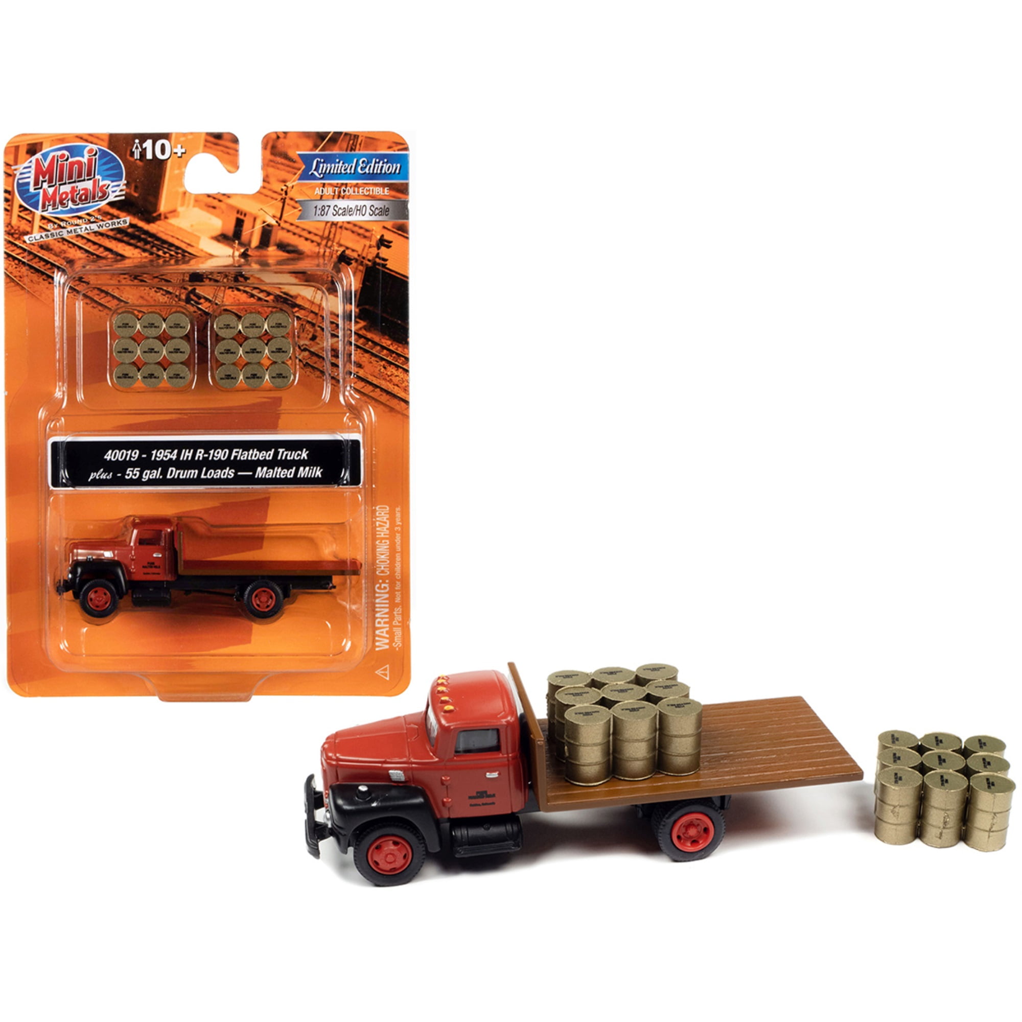 40019 3.375 in. 1-87 Scale 1954 Ih R 190 Flatbed Two 55 gal Drum Loads Pure Malted Milk Model Truck, Brown -  Classic Metal Works