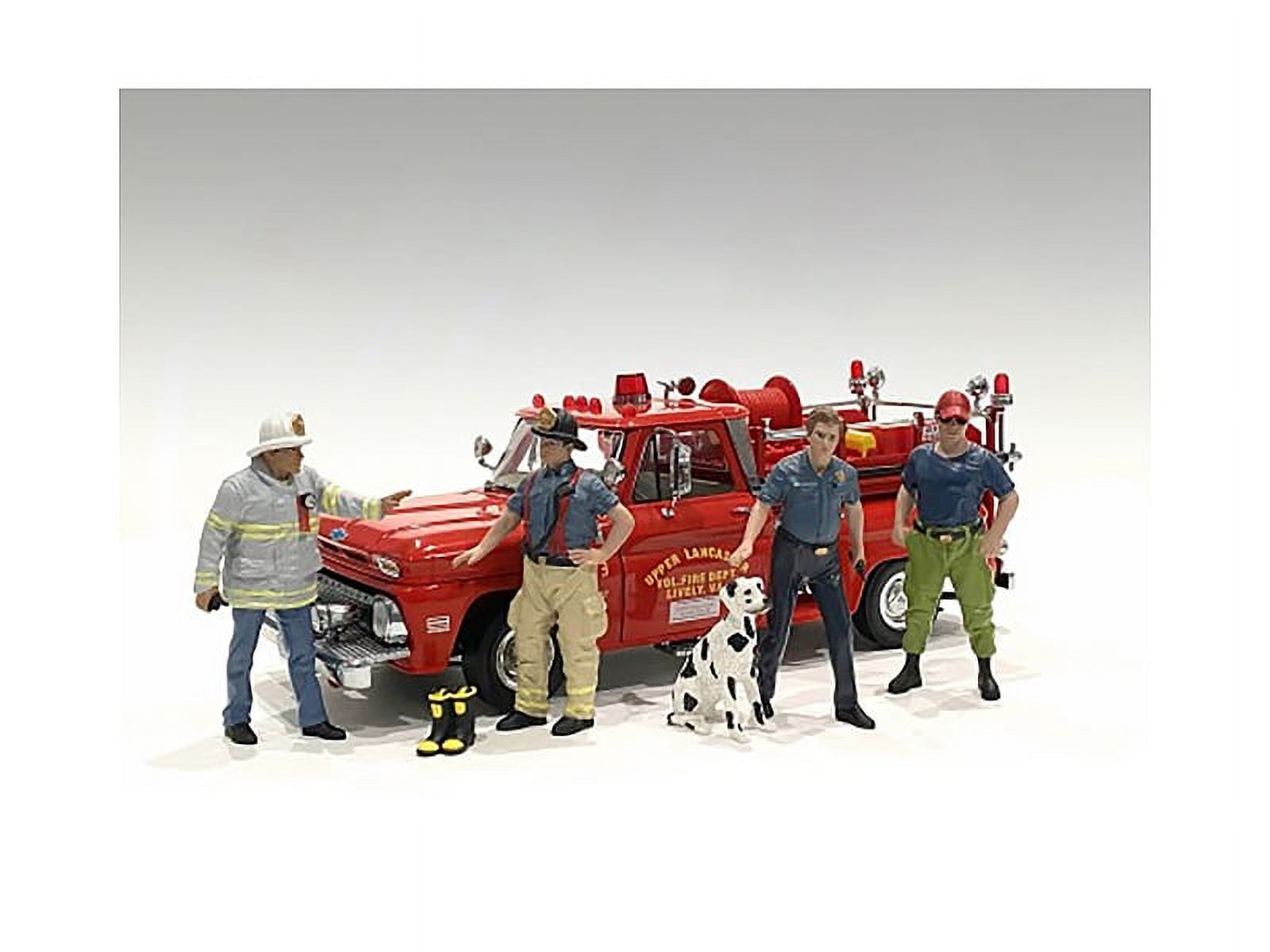 Picture of American Diorama 76418-76419-76420-76421 Firefighters 4 Males 1 Dog 1 Accessory Figure Set for 1 by 24 Scale Models - 6 Piece