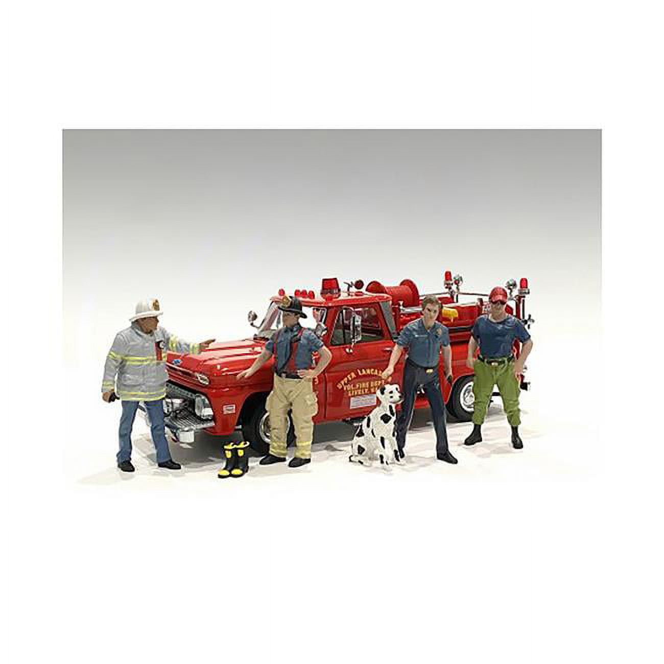 Picture of American Diorama 76318-76319-76320-76321 Firefighters 4 Males 1 Dog 1 Accessory Figure Set for 1 by 18 Scale Models - 6 Piece