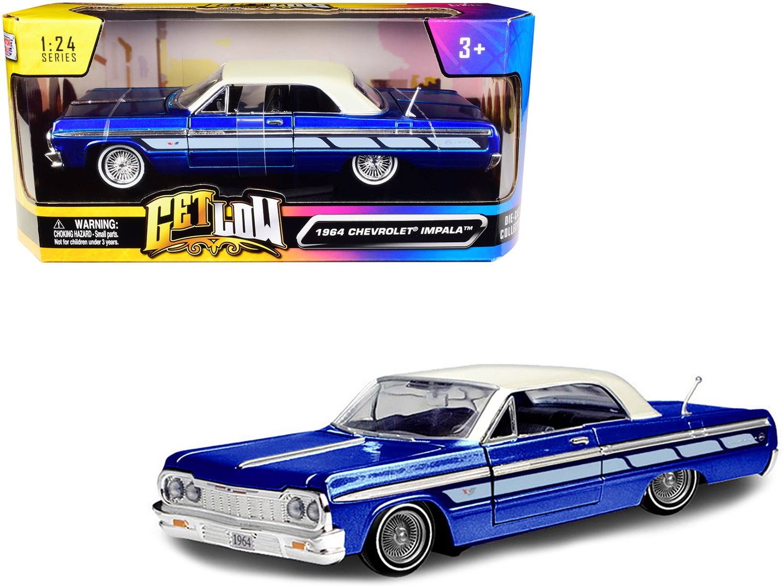 Candy Blue Metallic with Cream Top Get Low Series 1 by 24 Scale Diecast Model Car for 1964 Chevrolet Impala Lowrider Hard Top