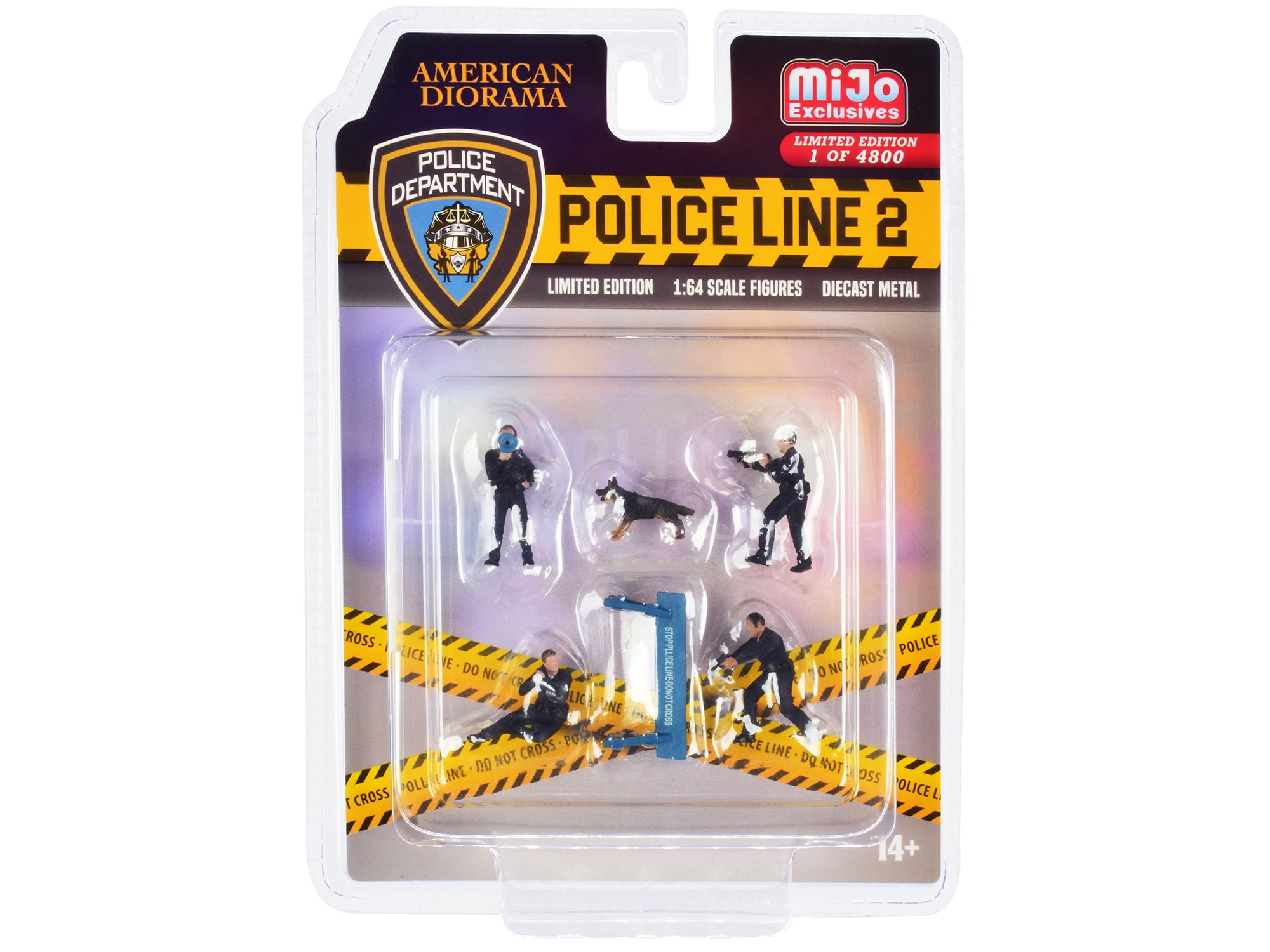 Picture of American Diorama 76497 Police Line 2 Diecast 4 Police Figures 1 Dog Figure & 1 Accessory Figure Set - Limited Edition to 4800 Pieces Worldwide for 1 by 64 Scale Models - 6 Piece