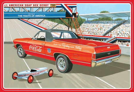 Picture of AMT AMT1362 2-in-1 Skill 3 Model Kit - 1 by 25 Scale Model Car for 1968 Chevrolet El Camino SS & Soap Box Derby Racing Car Coca-Cola